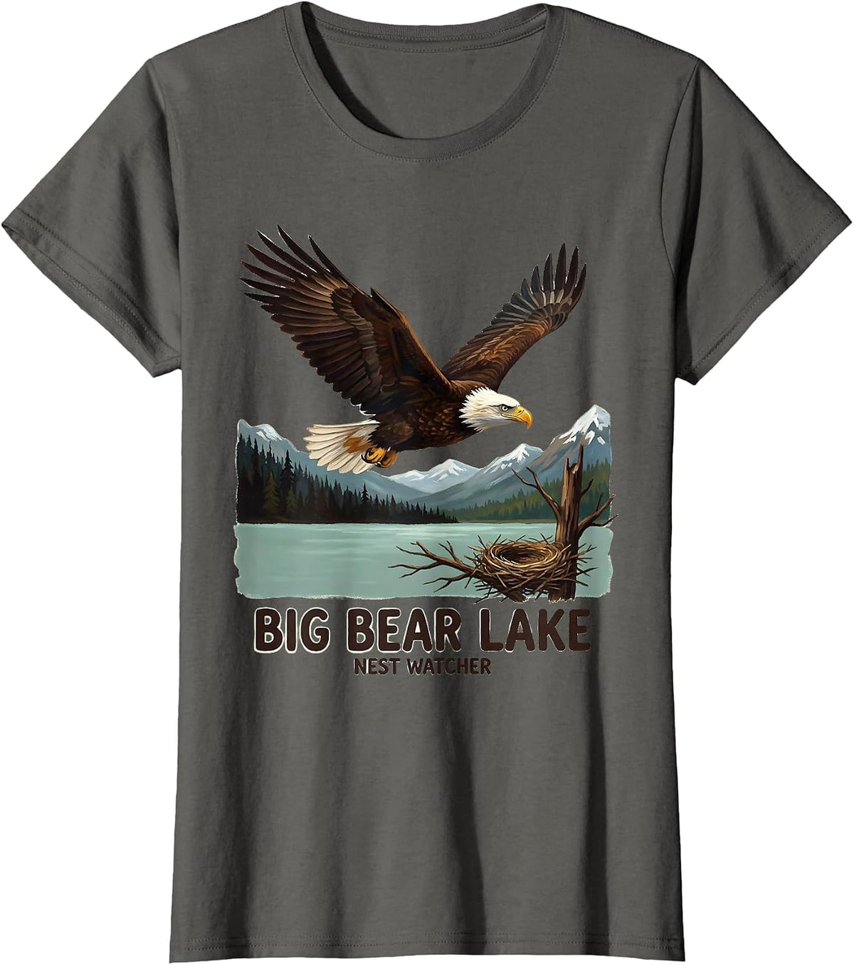Women's Big Bear Lake Nest Watcher Vintage Eagle Memorial Wildlife T-Shirt - Asphalt Grey