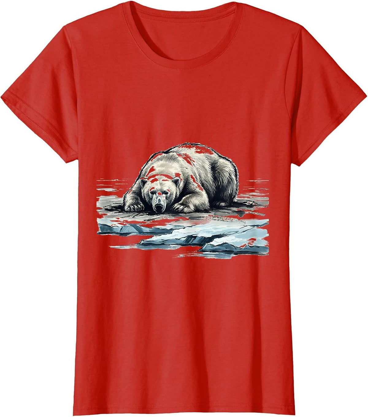 Polar Bear on Melting Ice Floe Illustration T-Shirt - Red