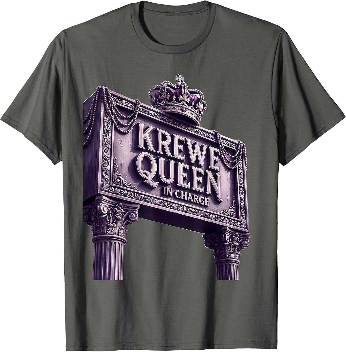 Krewe Queen In Charge Mardi Gras Design T-Shirt - Asphalt Grey