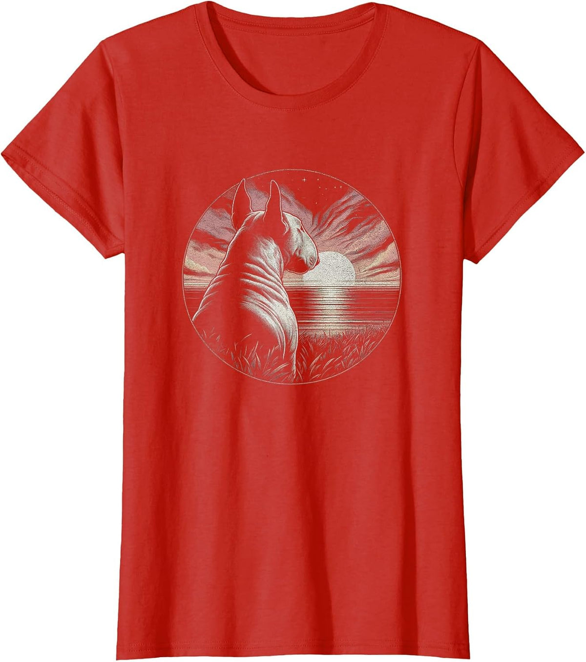 Vintage Bull Terrier Dog Retro Sunset Scene Art Design T-Shirt - Red