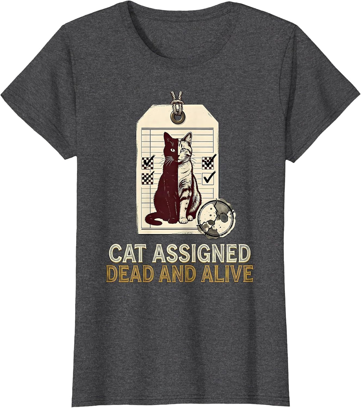 Women's Cat Assigned Dead And Alive Funny Science Quantum Physics T-Shirt - Dark Heather Grey