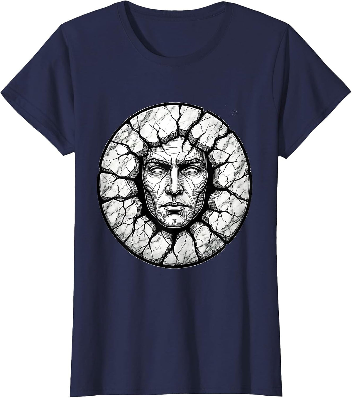 Women's Human Face Emerging From Cracked Marble Slab T-Shirt - Navy Blue