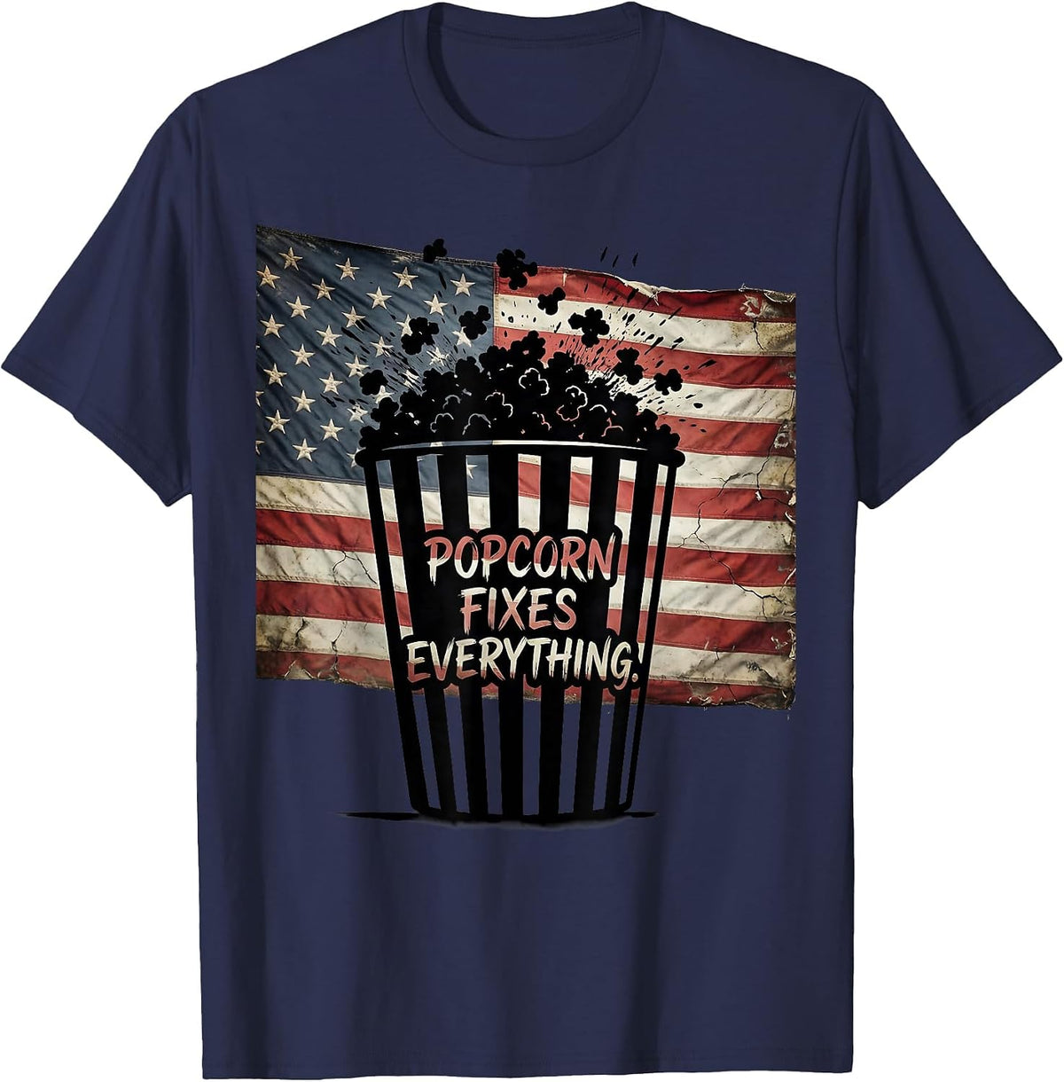 Men's Popcorn Fixes Everything Funny Snack Lover Design T-Shirt - Navy Blue