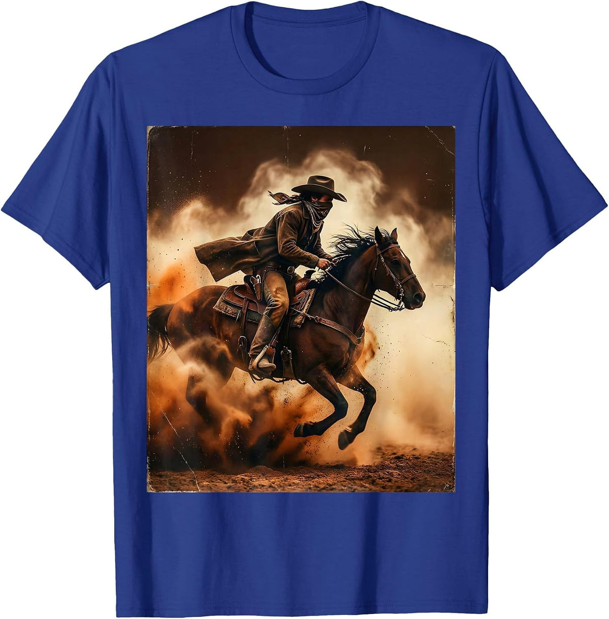Bandana Cowboy Riding Through a Dust Storm T-Shirt - Royal Blue