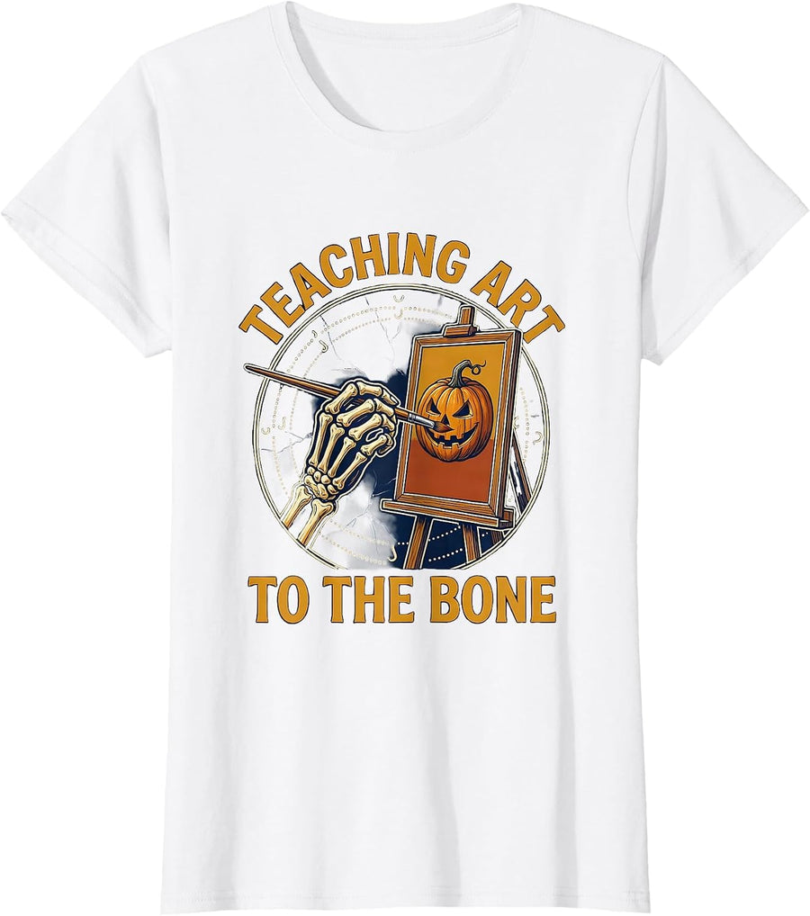 Women's Teaching Art to the Bone Halloween Teacher Design T-Shirt - White