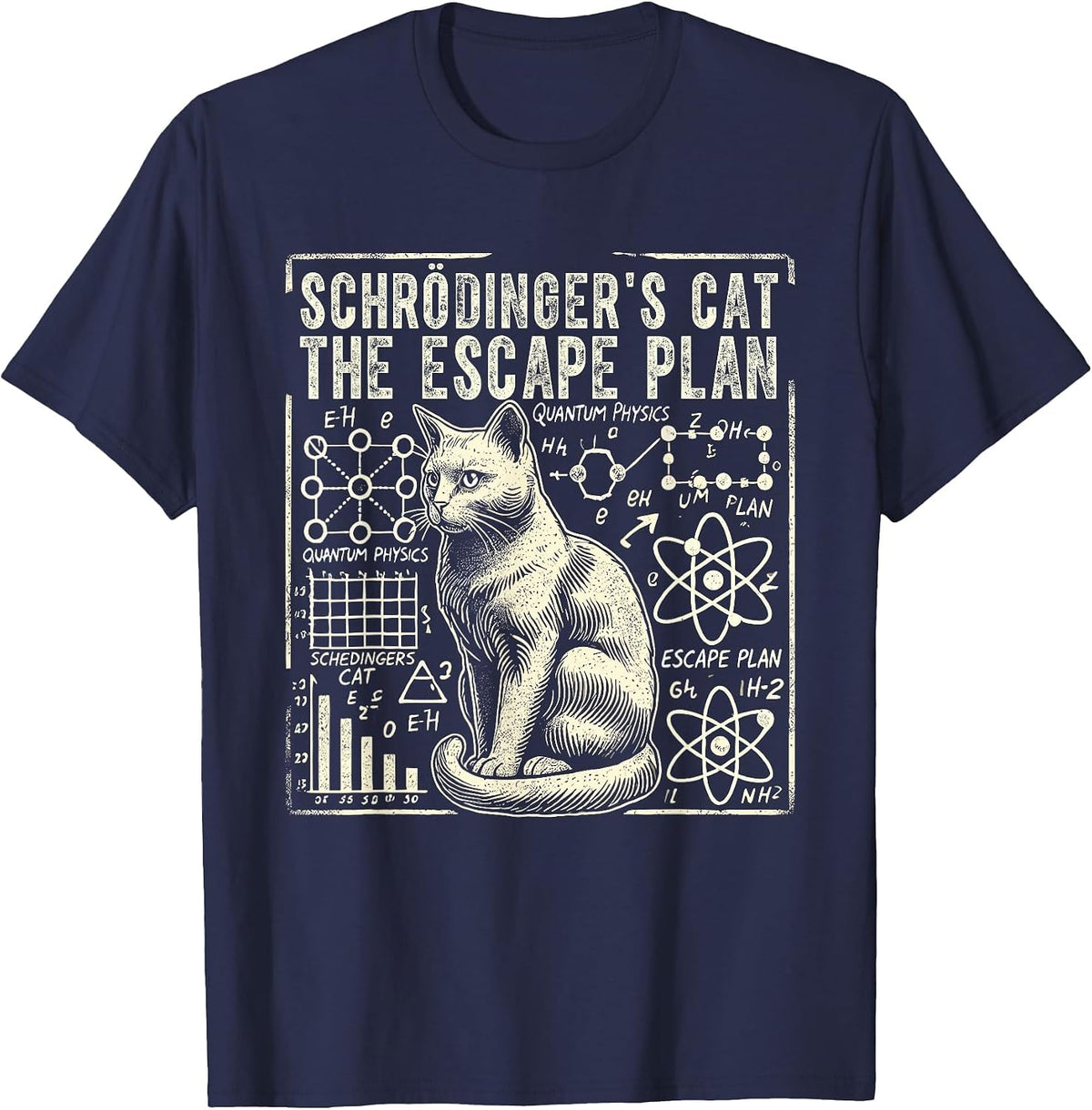 Schrodingers Cat Escape Plan, Funny Quantum Physics Science T-Shirt - Navy Blue