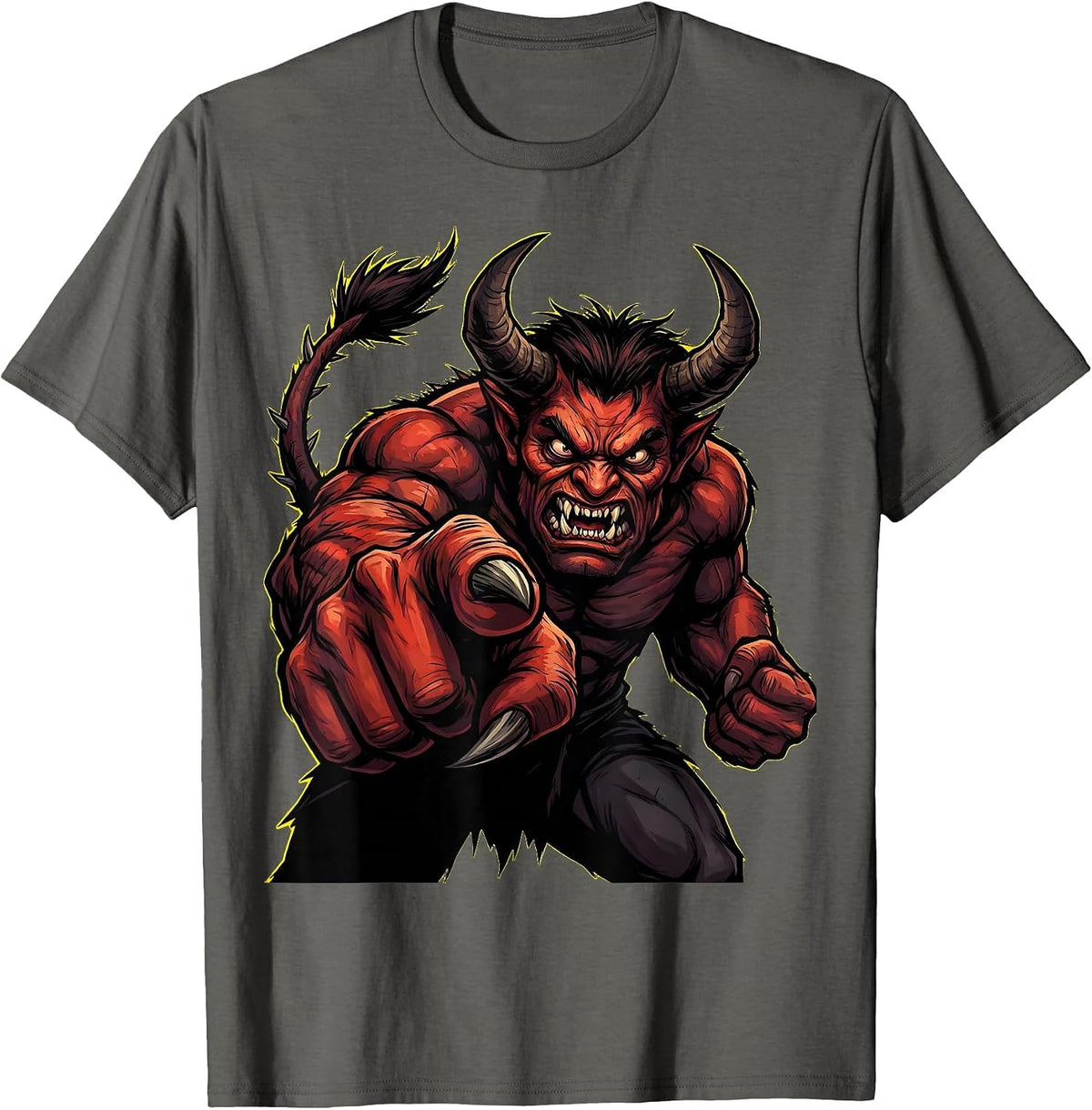 Angry Horned Demon Pointing Finger Graphic T-Shirt - Asphalt Grey