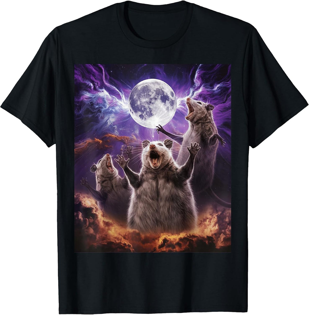 Three Possum Moon 3 Opossum Funny Weird Cursed Meme T-Shirt - Black