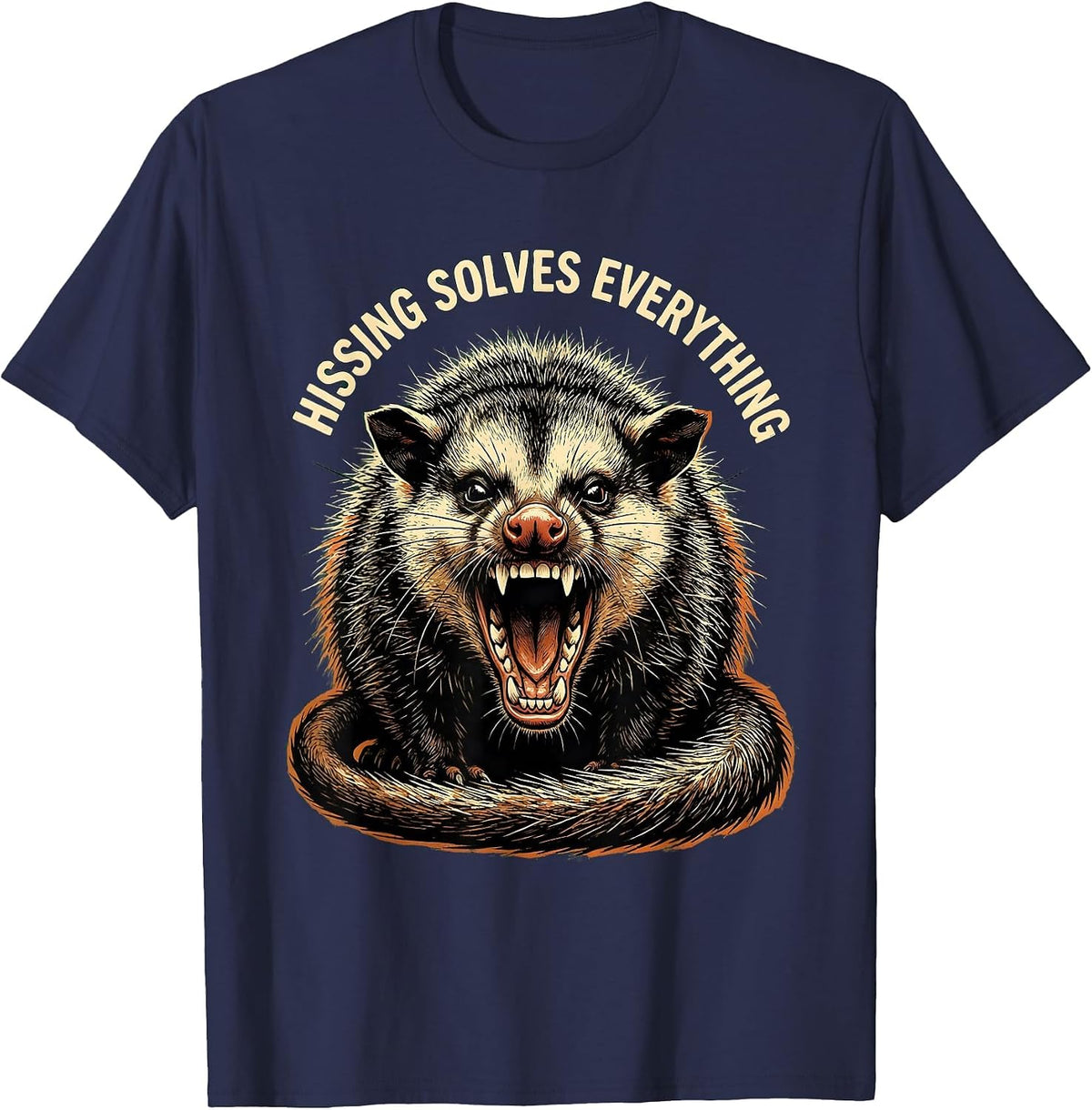 Hissing Solves Everything Funny Opossum Design T-Shirt - Navy Blue