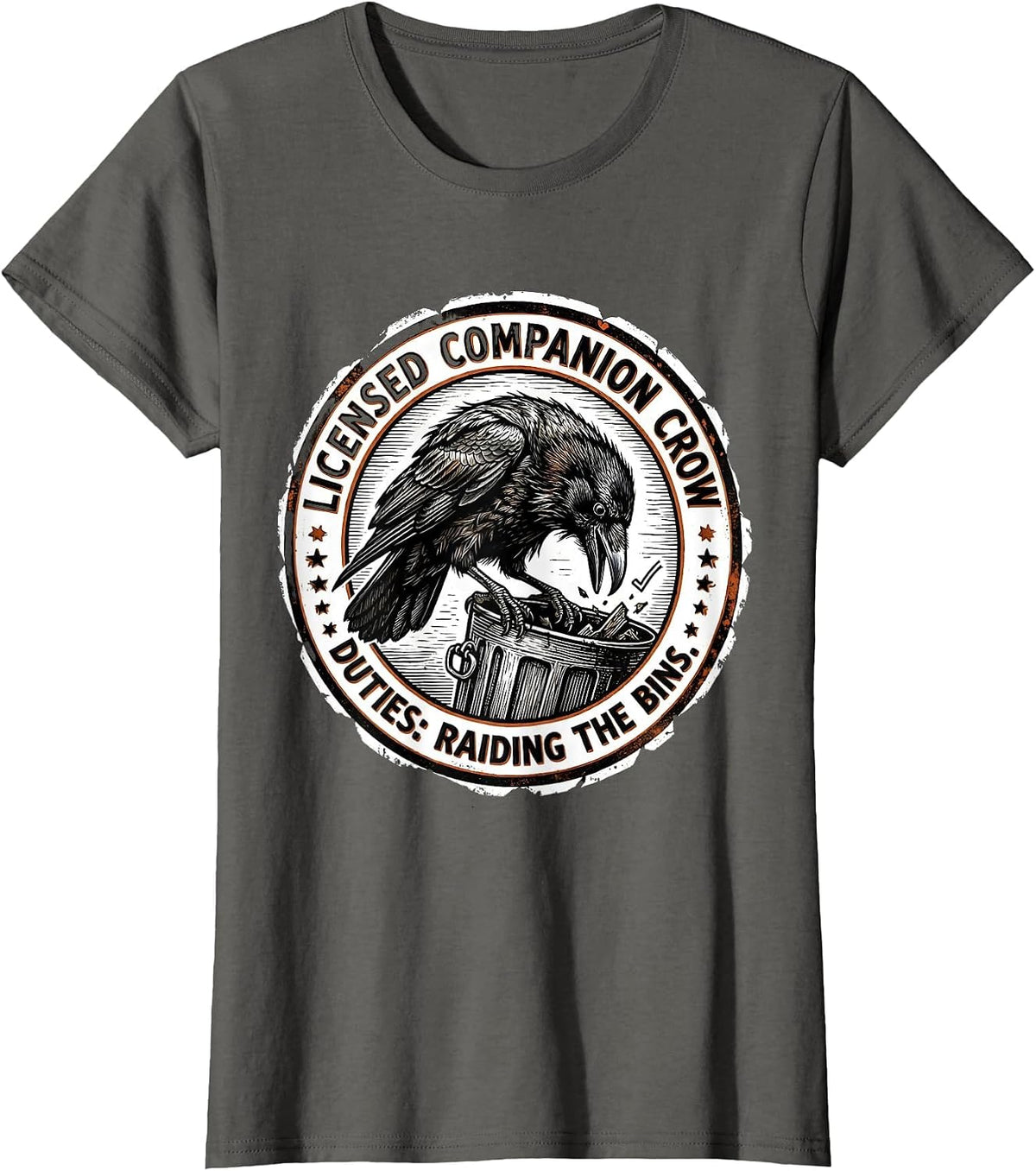 Women's Licensed Companion Crow — Duties: Raiding The Bins Funny T-Shirt - Asphalt Grey