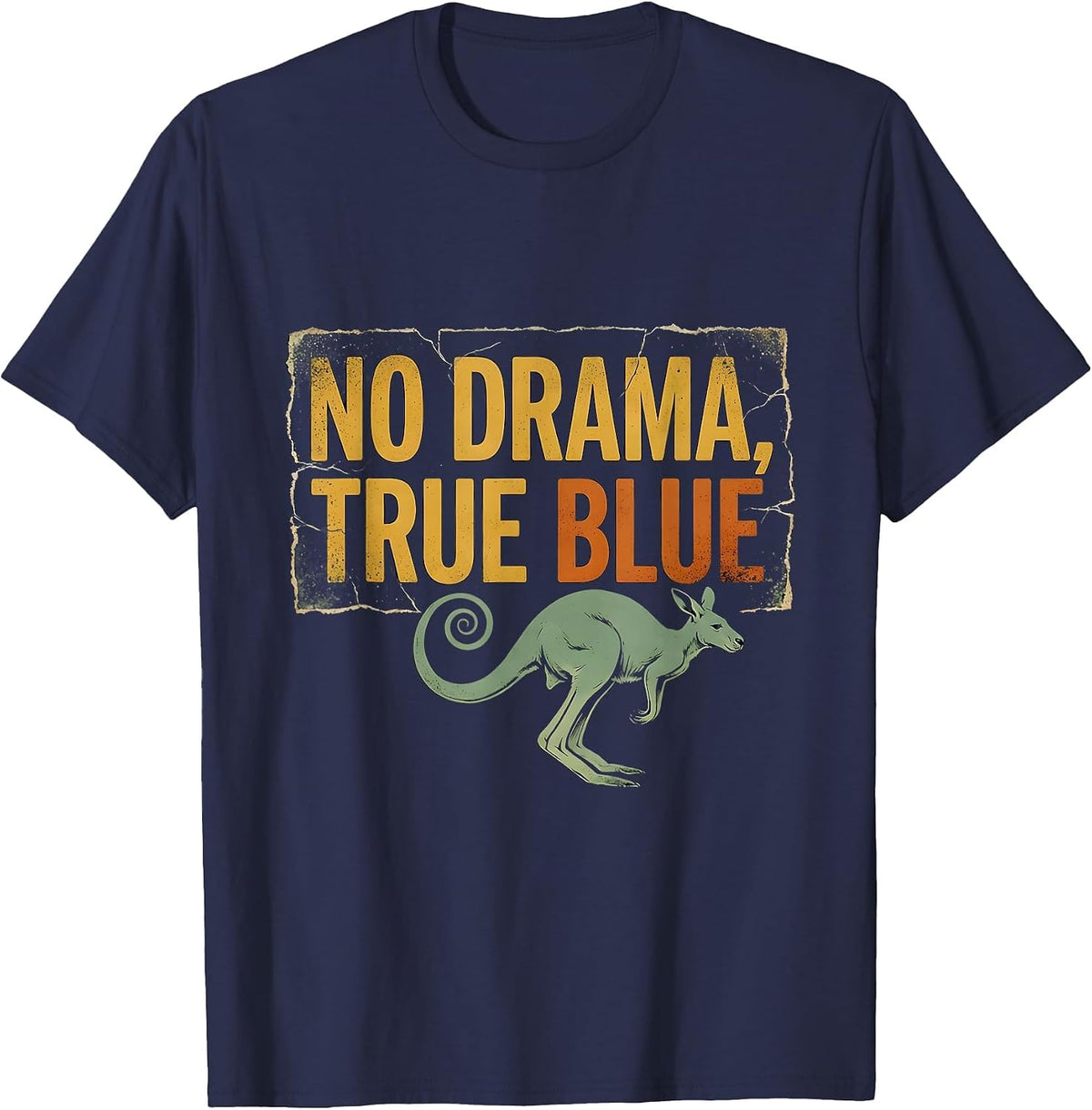 No Drama, True Blue Distressed Kangaroo Australian National T-Shirt - Navy Blue