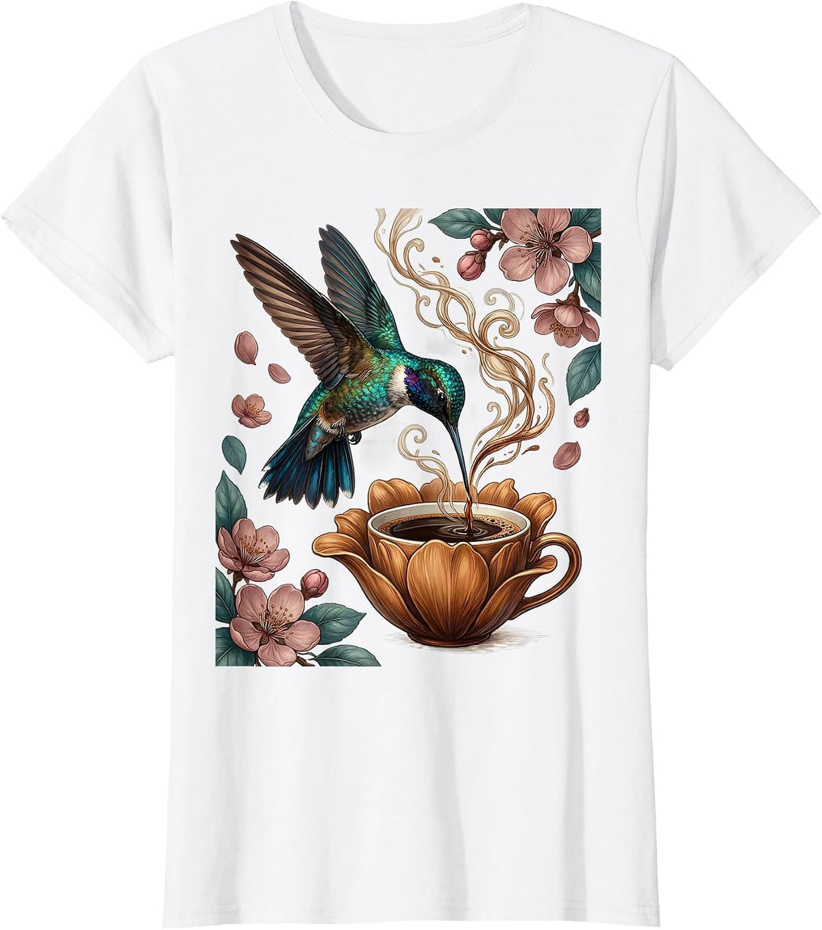 Women's Hummingbird Espresso Cup Flower Coffee Lover Design T-Shirt - White