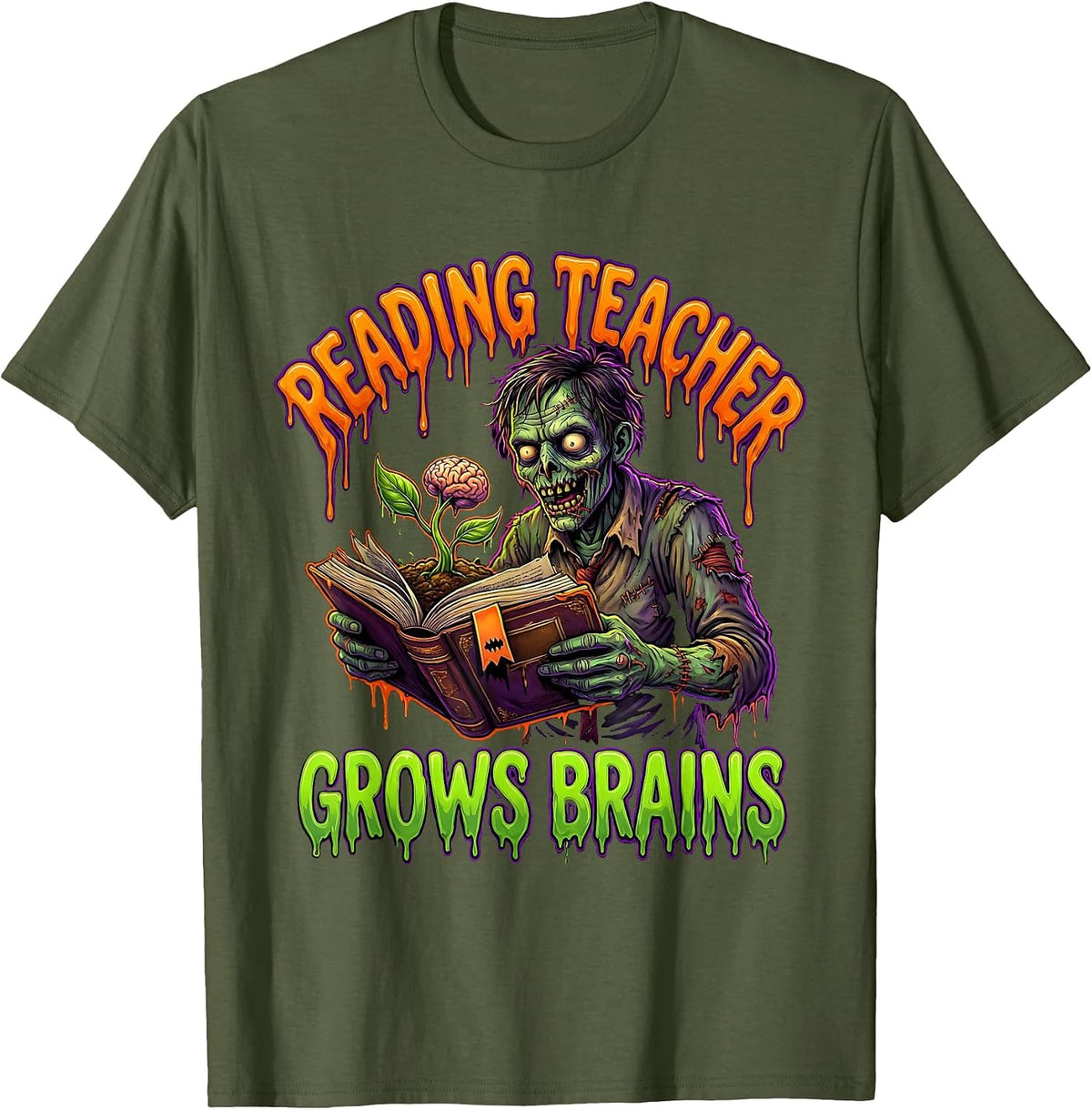 Reading Teacher Grows Brains Funny Zombie Halloween School T-Shirt - Olive Green