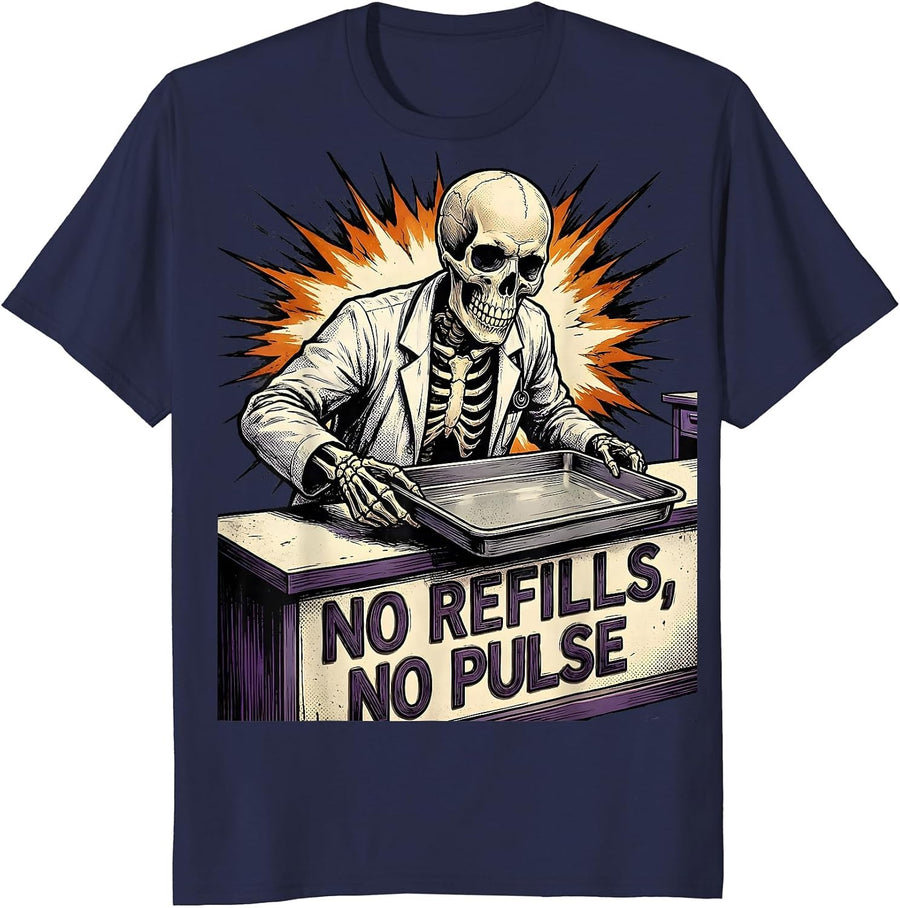 No Refills, No Pulse Comic Book Halloween Pharmacy T-Shirt - Navy Blue