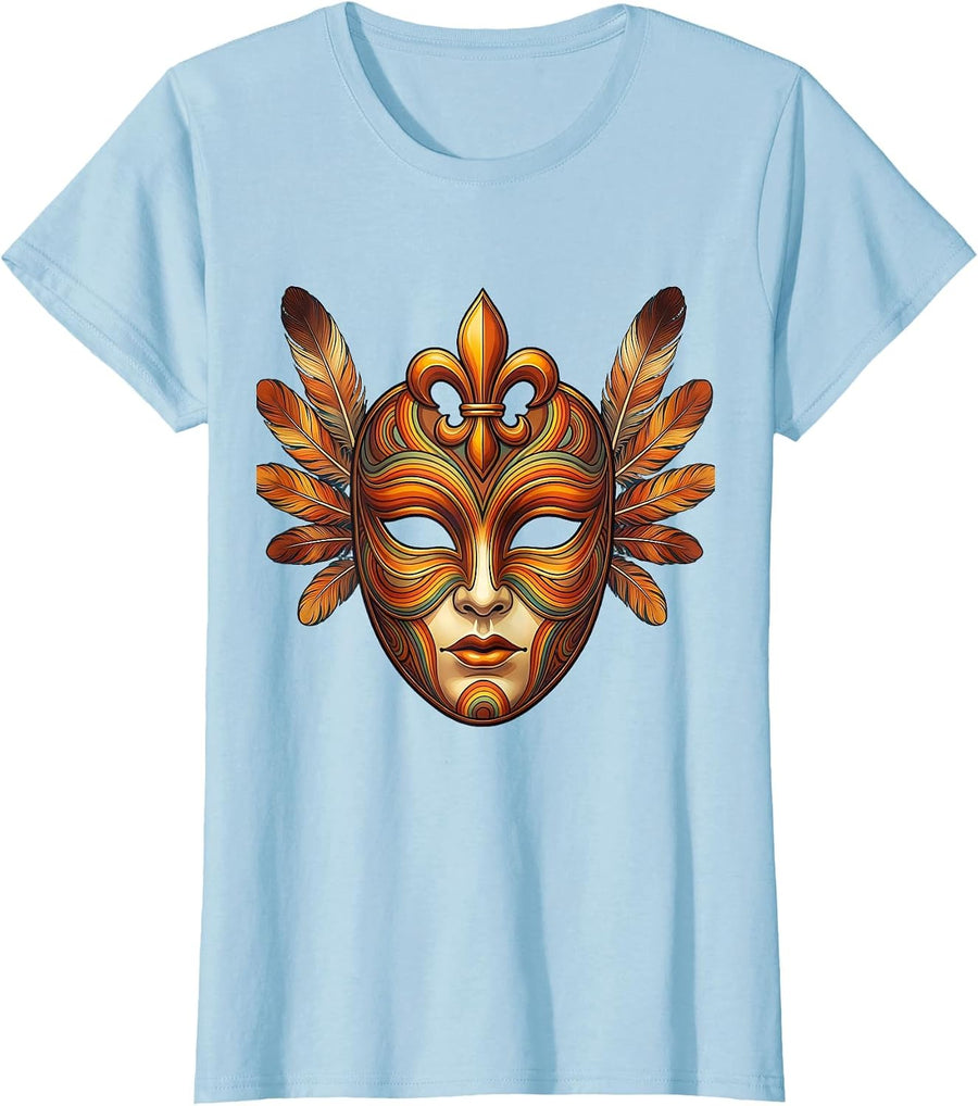 Women's Mardi Gras Ornate Venetian Mask Fleur-de-Lis T-Shirt - Baby Blue