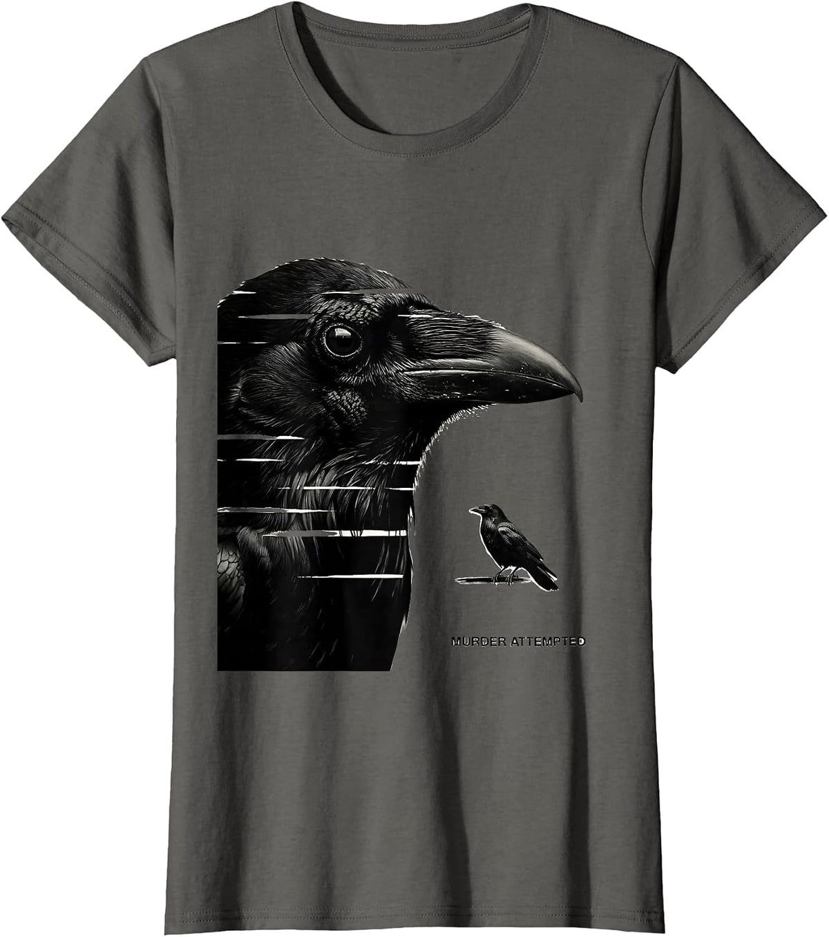 Women's Murder Attempted Minimalist Crow Humor Bird Lover Dark Pun T-Shirt - Asphalt Grey