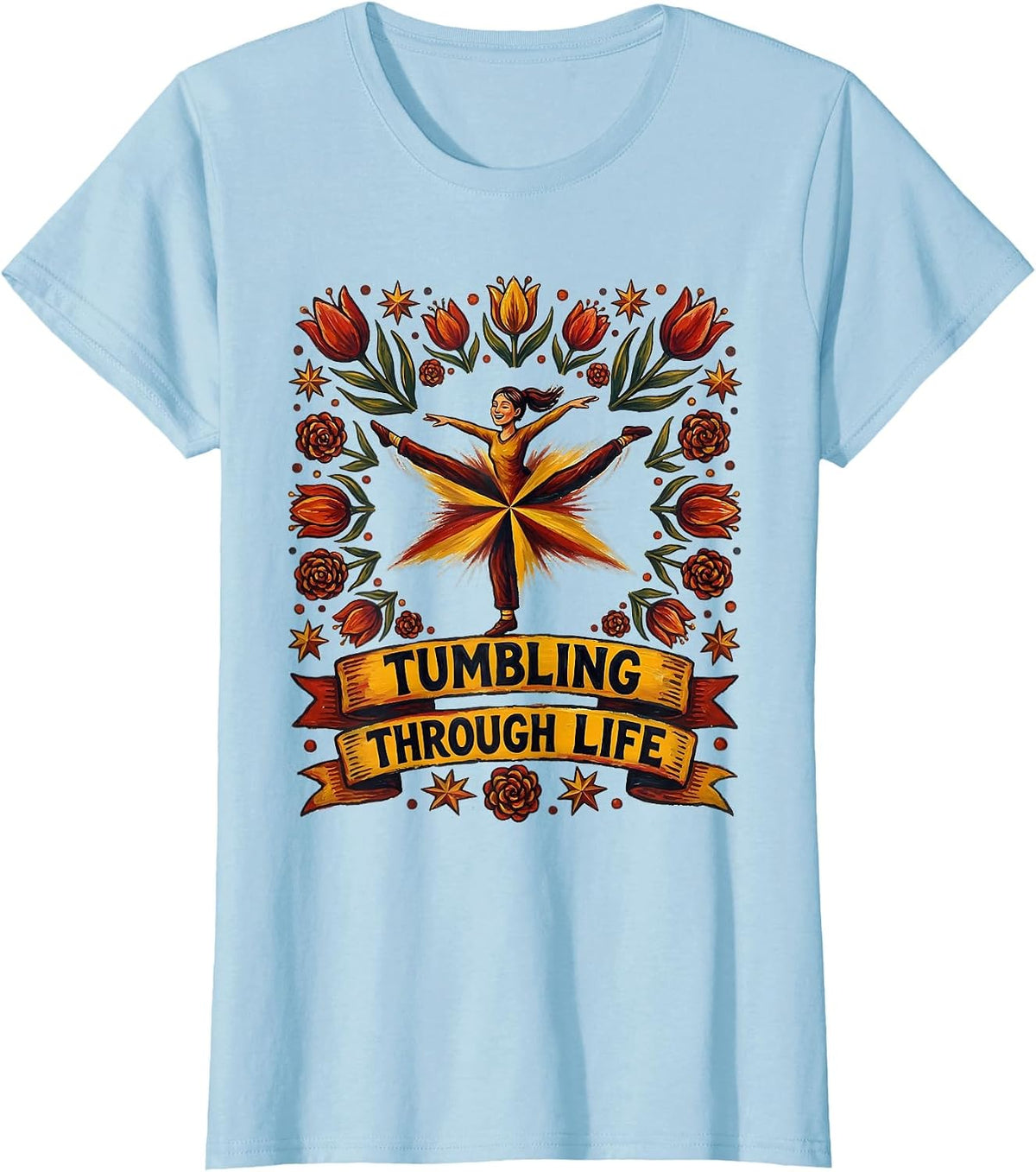 Tumbling Through Life Cartwheel Gymnastics Design T-Shirt - Baby Blue