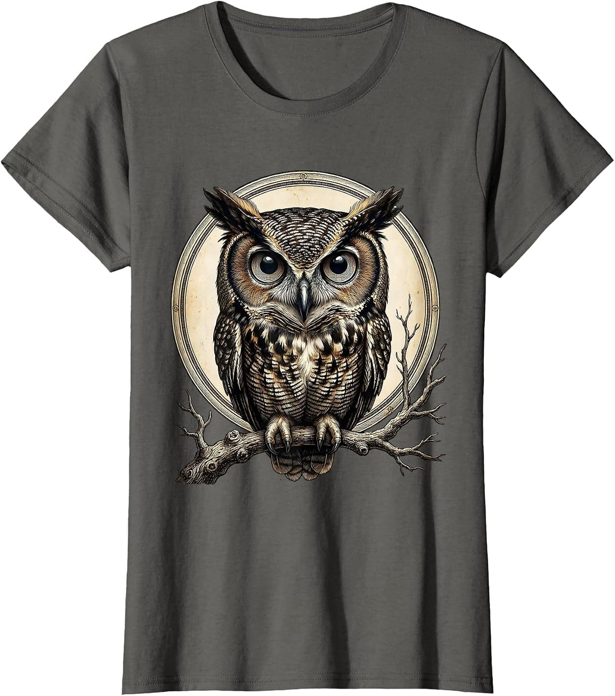 Women's Halloween Owl Enormous Eyes Bare Branch Graphic T-Shirt - Asphalt Grey