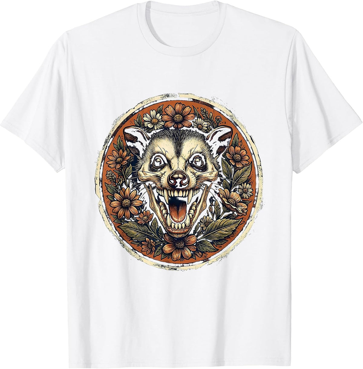 Men's Grinning Opossum Skull with Flowers Graphic T-Shirt - White
