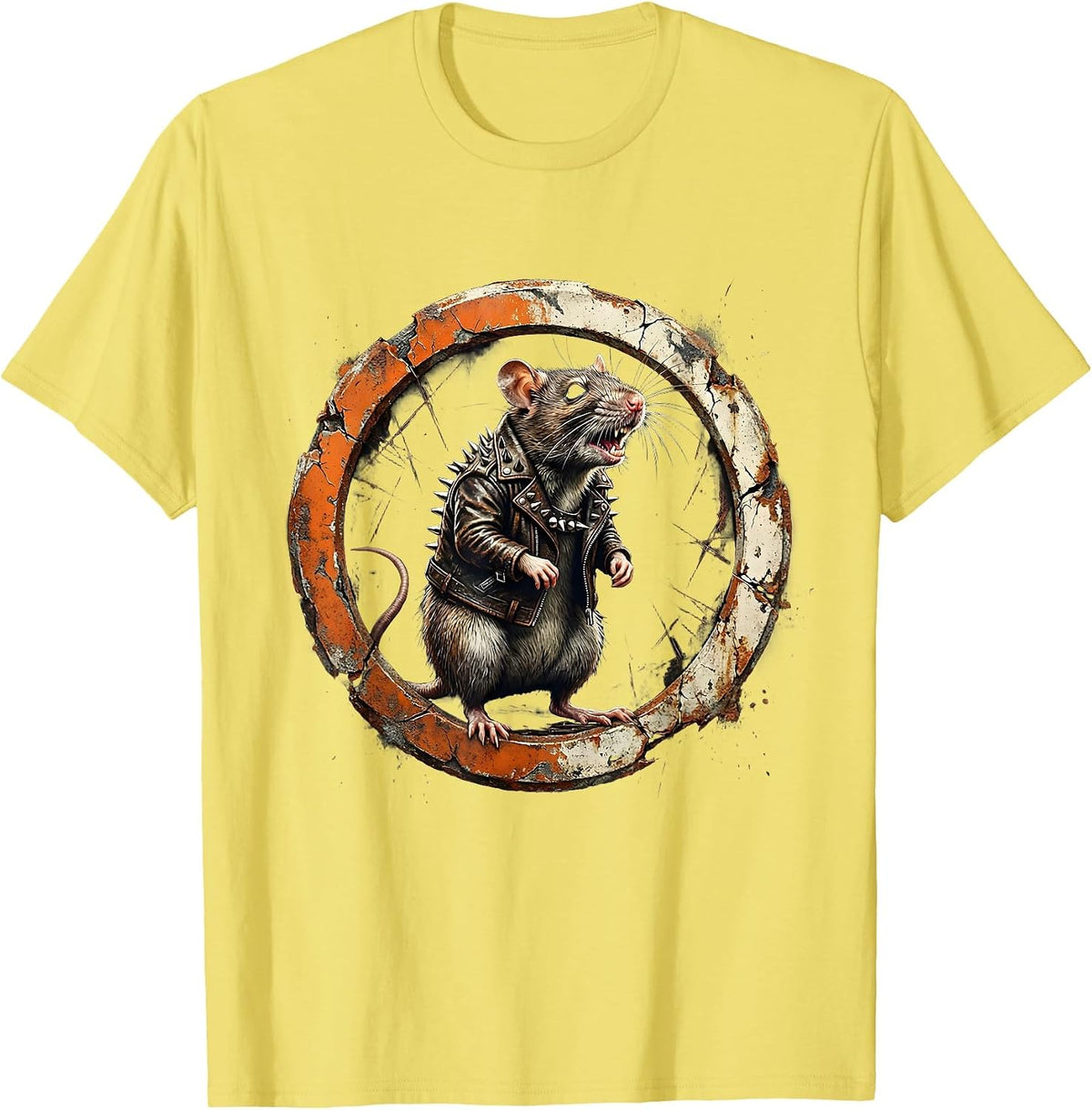 Men's Punk Rat Studded Leather Jacket Graphic Tee T-Shirt - Lemon Yellow