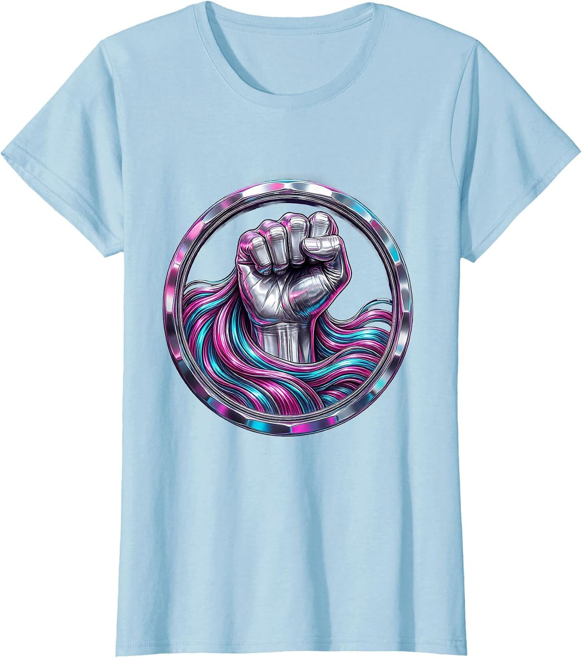 80s Rock Hand Long Hair Graphic Tee T-Shirt - Baby Blue