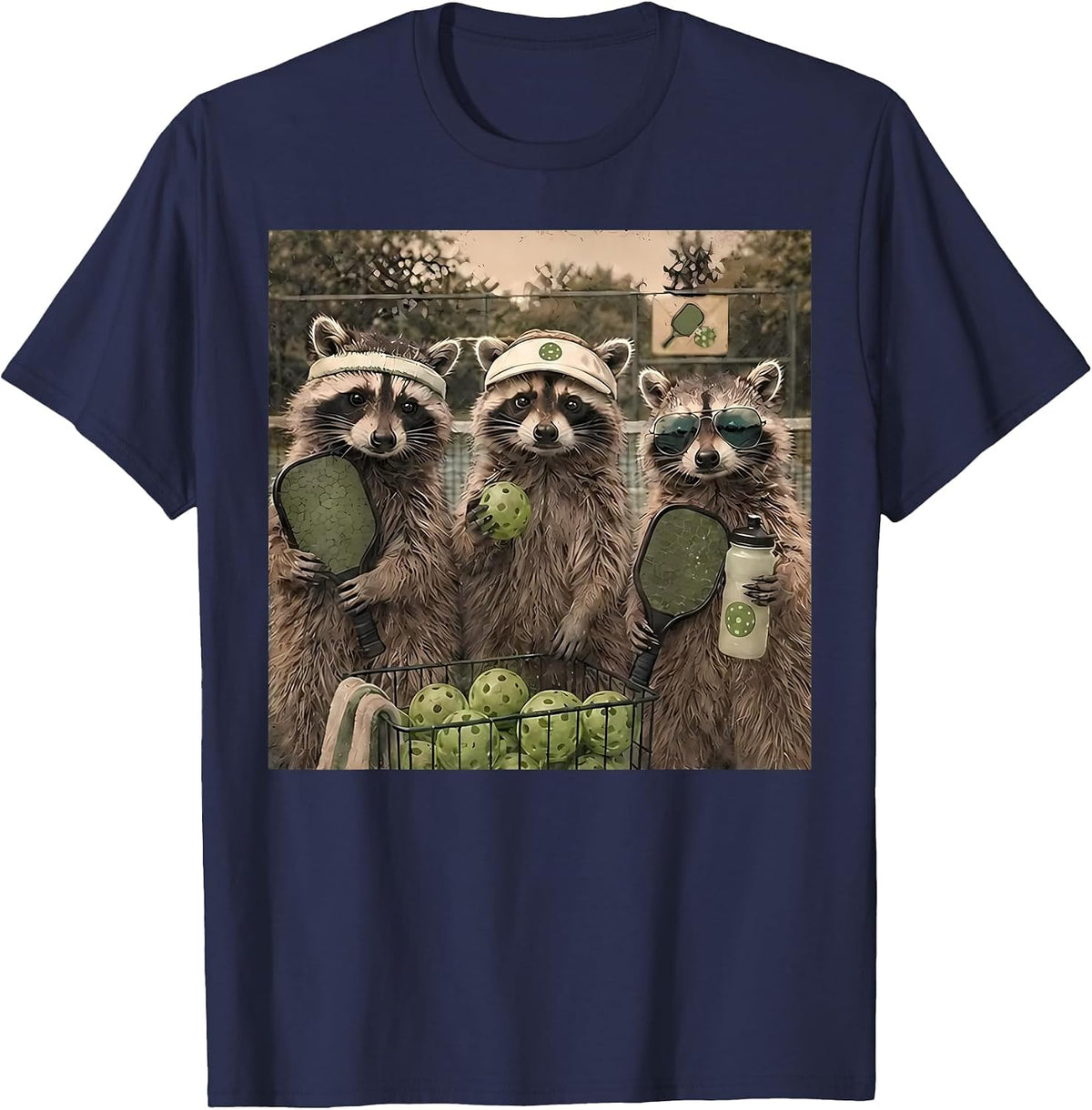Funny Raccoon Playing Pickleball Animal Meme Sport Lovers T-Shirt - Navy Blue
