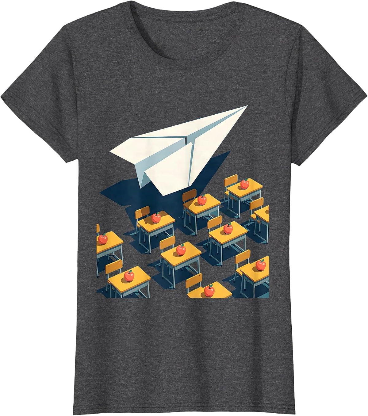 Women's First Grade Teacher Paper Airplane Classroom Art T-Shirt - Dark Heather Grey