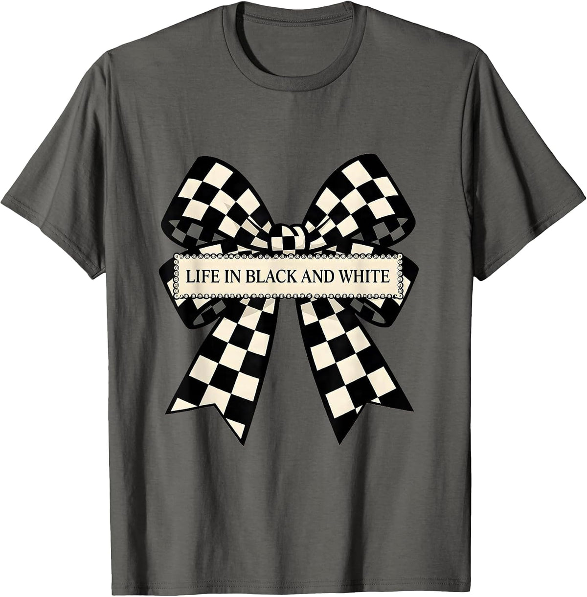 Men's Life in Black and White Checkered Design T-Shirt - Asphalt Grey