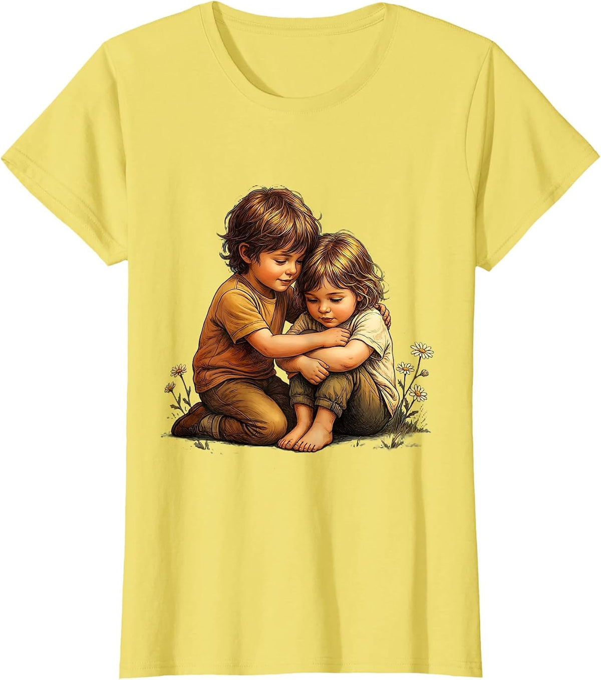 Women's Kindness in Action Child Comforting Friend Design T-Shirt - Lemon Yellow