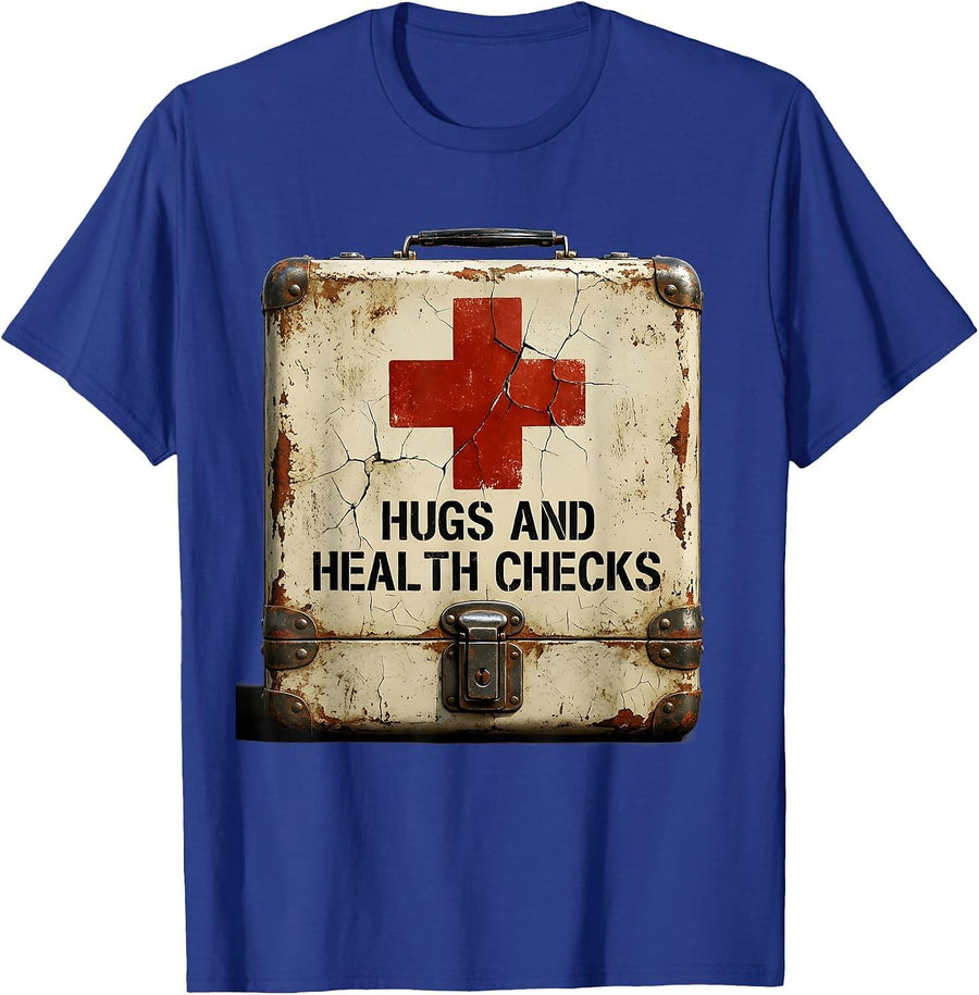 Hugs and Health Checks School Nurse Design T-Shirt - Royal Blue
