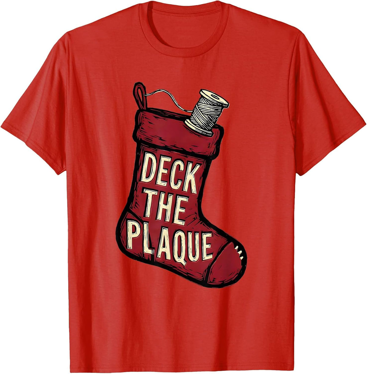 Men's Deck The Plaque Funny Dental Christmas Linocut Dentist Gift T-Shirt - Red
