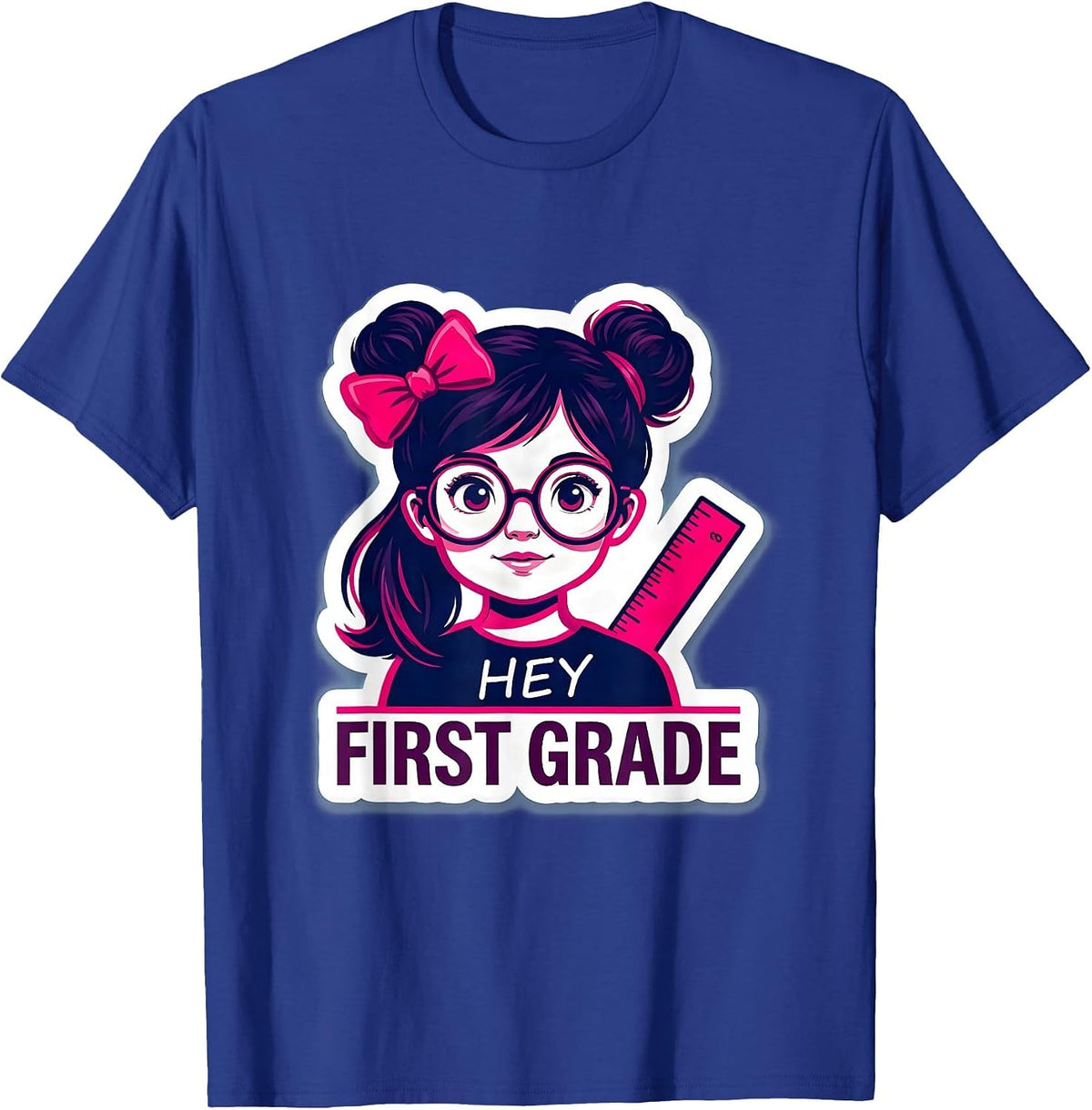Men's Hey, First Grade Cute Messy Bun Back To School Girl T-Shirt - Royal Blue