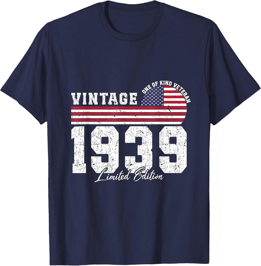 Vintage 1939 Birthday American Flag Patriotic Veterans Day T-Shirt - Navy Blue