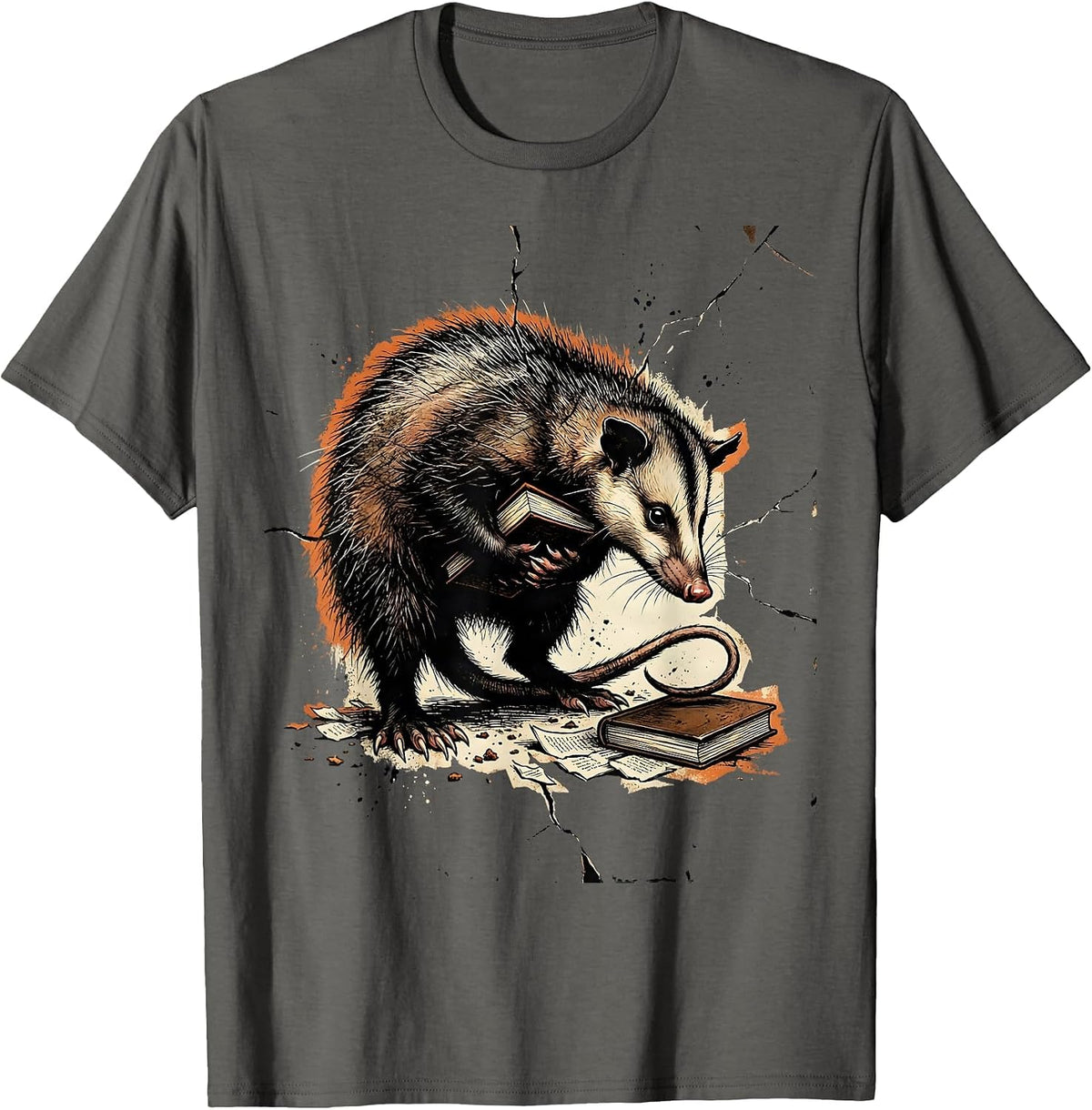 Sneaky Opossum Book Thief Unhinged Meme Humor T-Shirt - Asphalt Grey