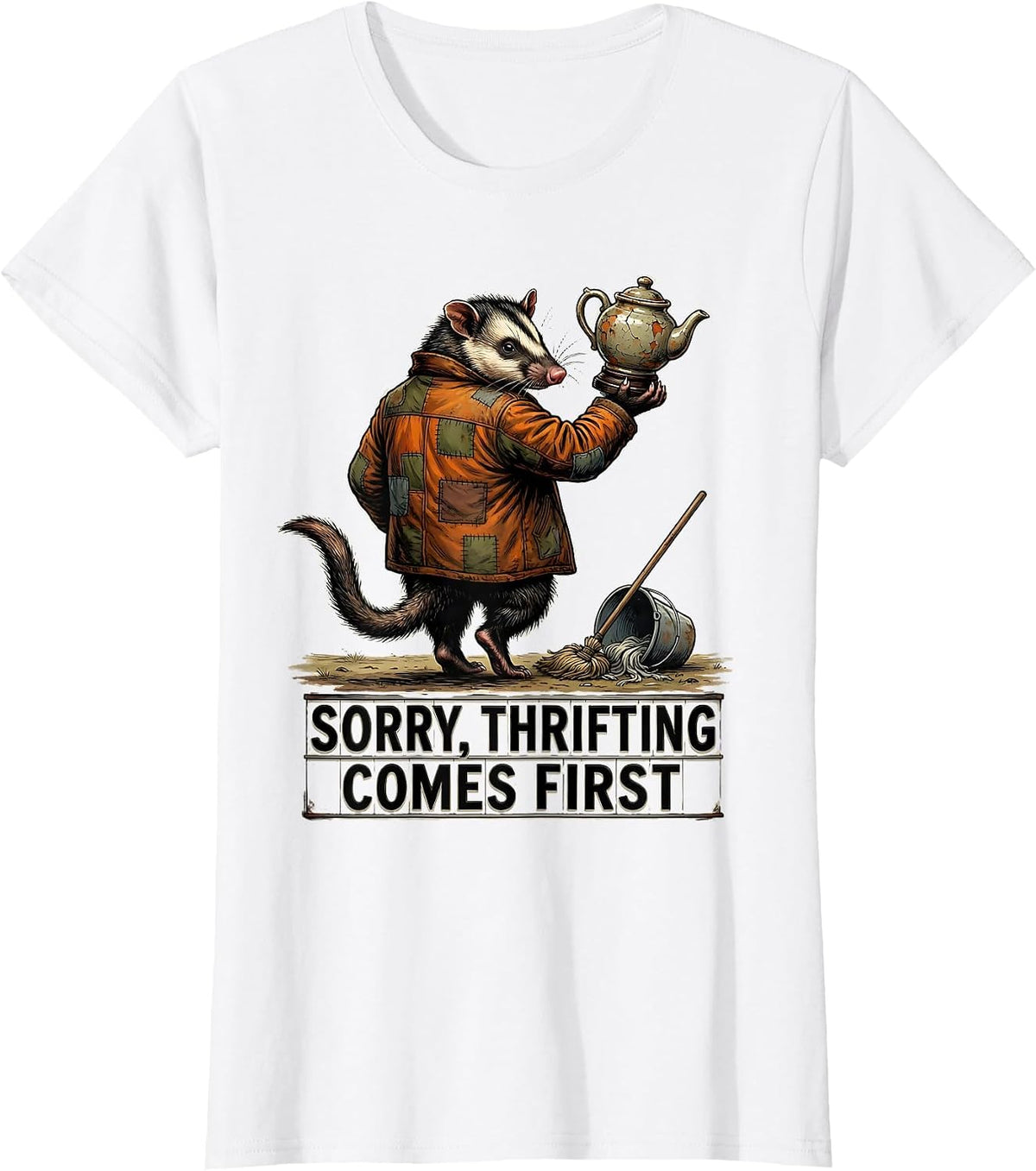 Women's Sorry Thrifting Comes First Funny Opossum Vintage Collector T-Shirt - White
