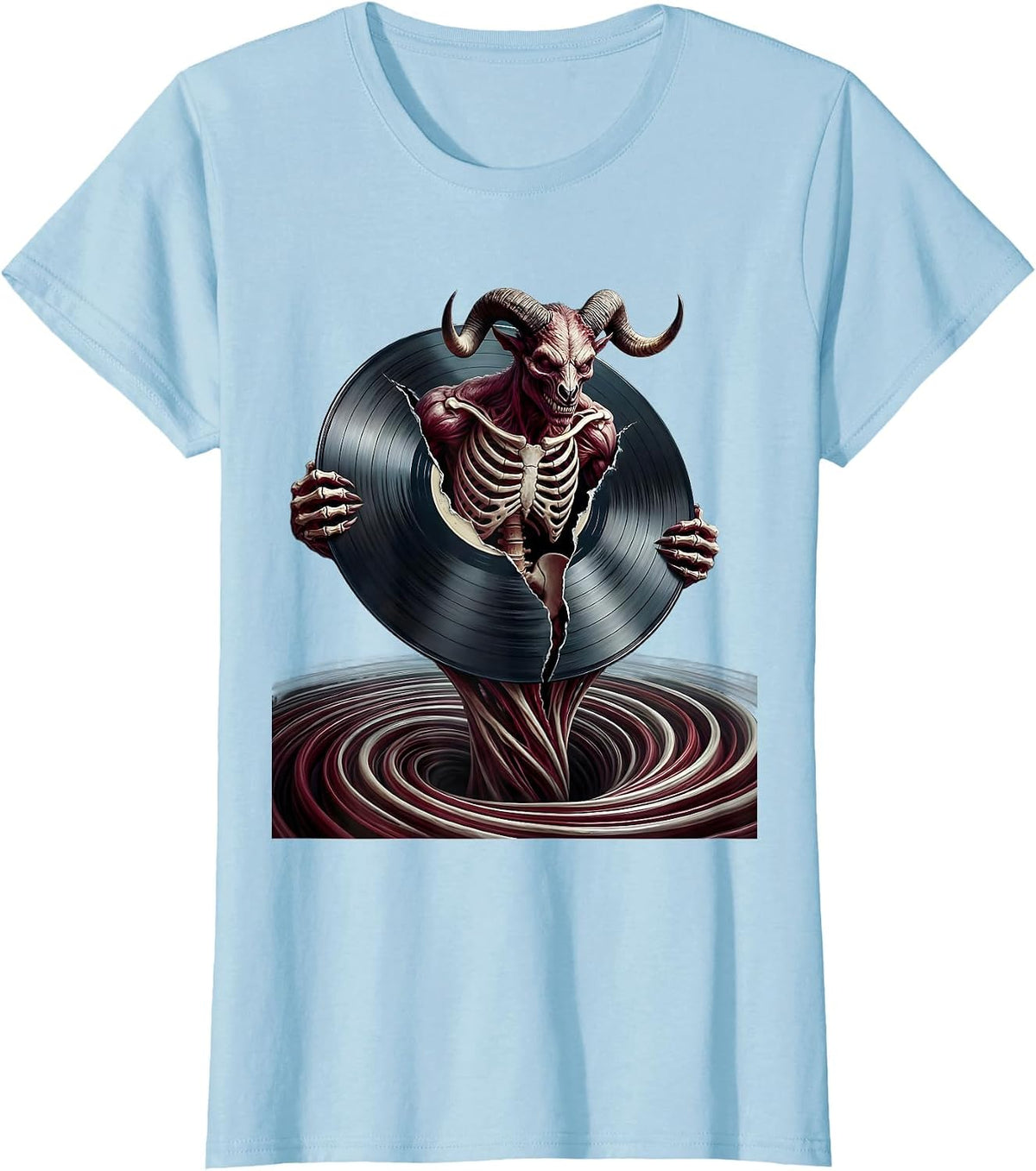 Demon Rising From Vinyl Record Metal Art T-Shirt - Baby Blue