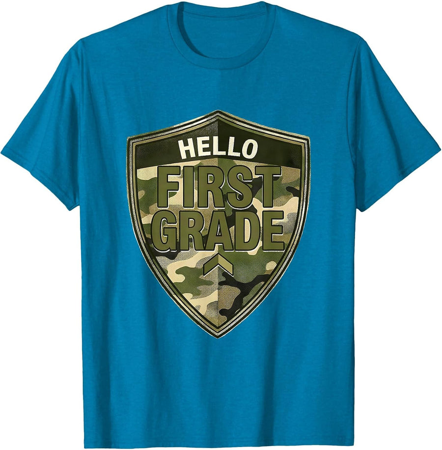 Hello First Grade Camo Back To School Boy Teacher Matching T-Shirt - Sapphire Blue