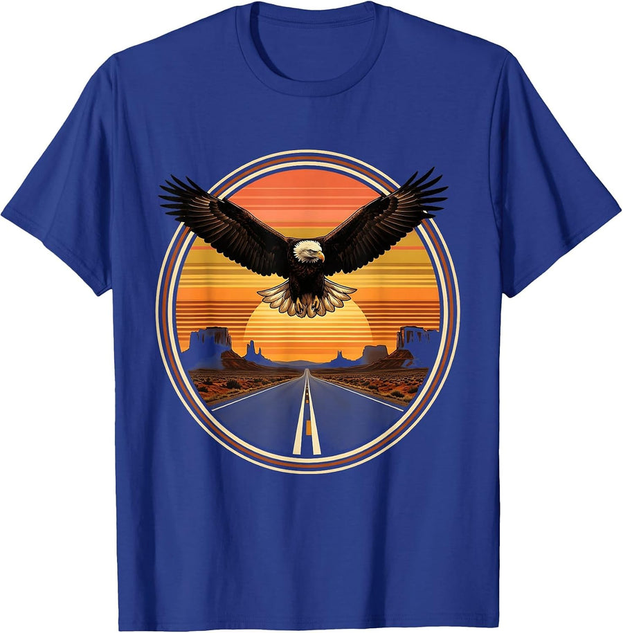 Eagle Soaring Over Desert Highway Route 66 T-Shirt - Royal Blue