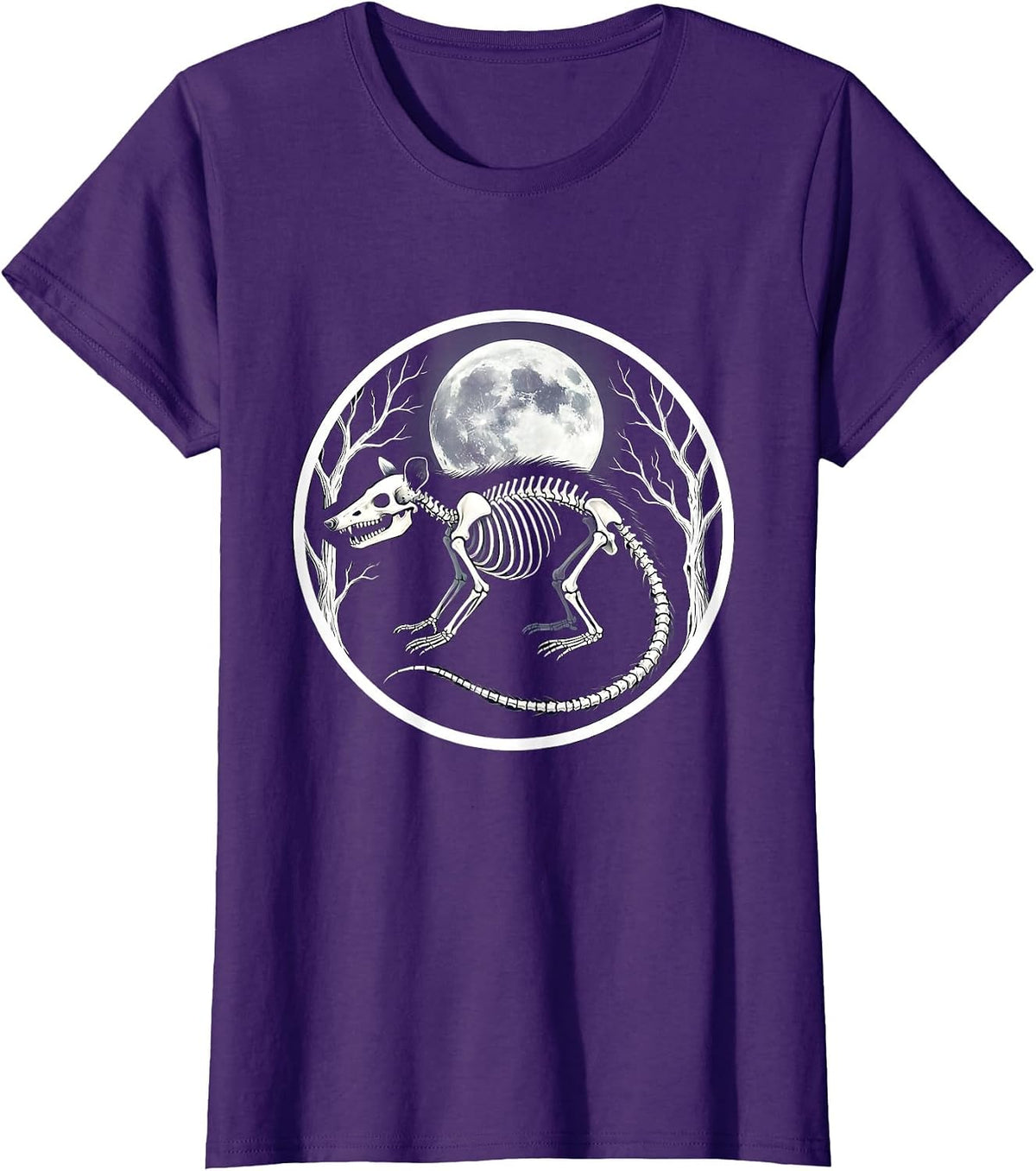 Women's Opossum Skeleton Glowing Moonlight Illustration T-Shirt - Purple