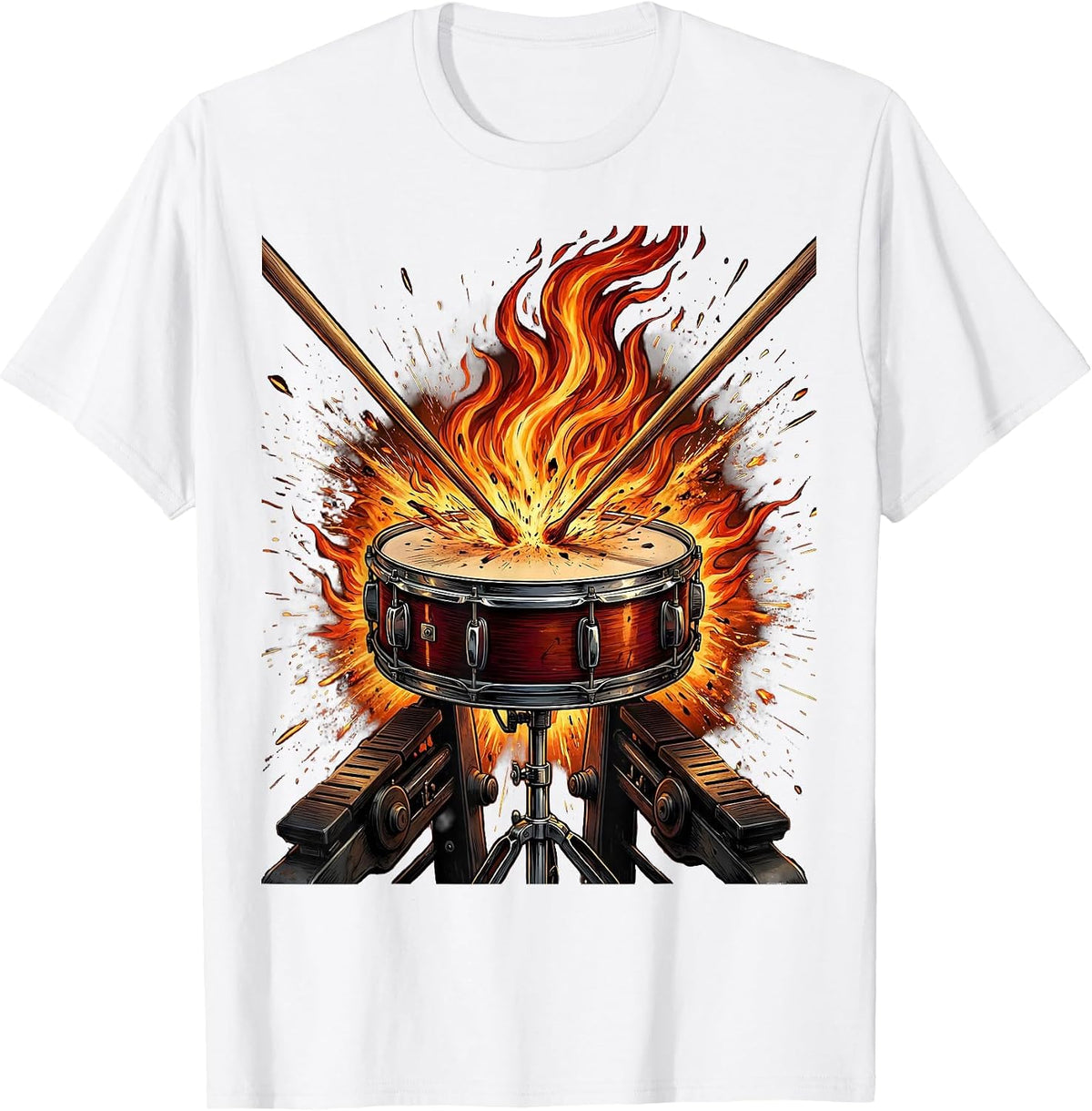 Men's Double Bass Drum Pedal Fire Splash Drummer Art T-Shirt - White