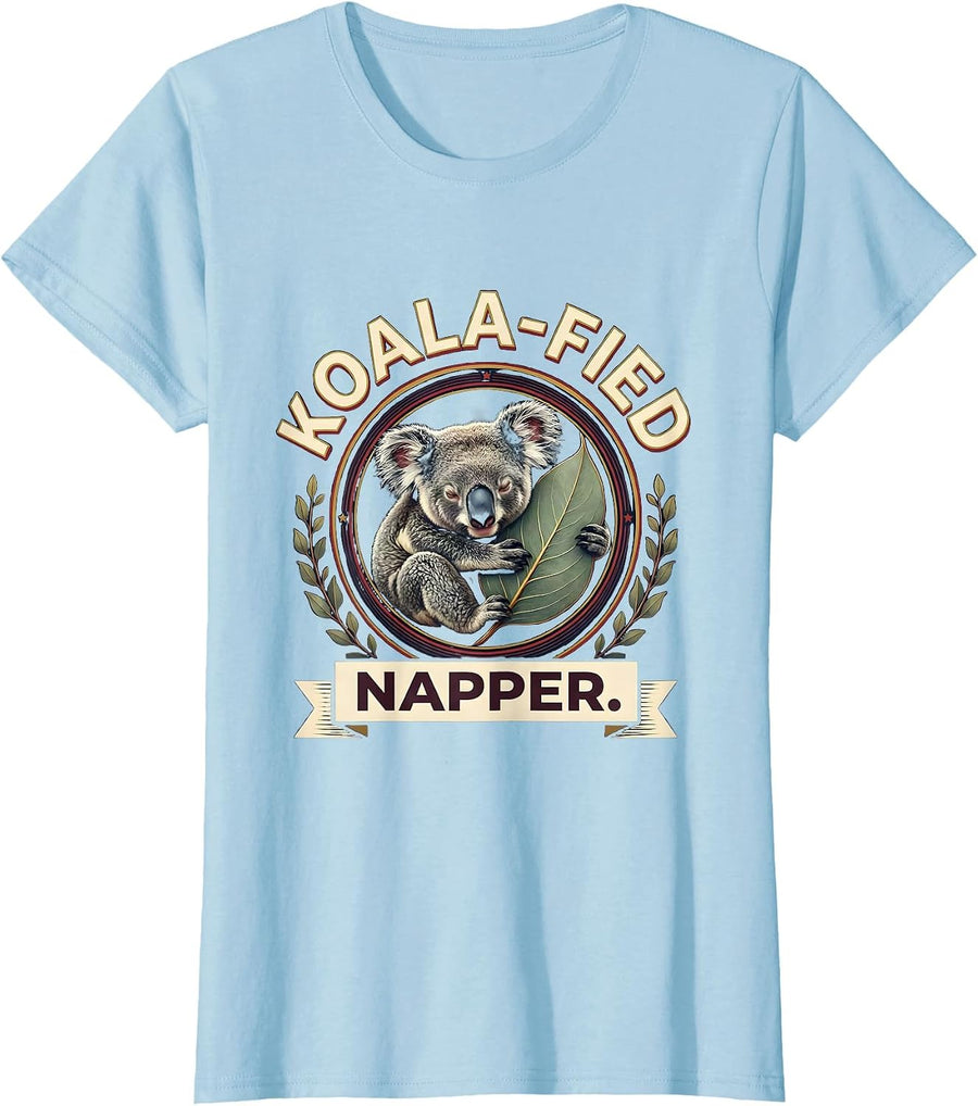 Women's Koala-fied Napper Cute Koala Lover Animal Pun Humor T-Shirt - Baby Blue