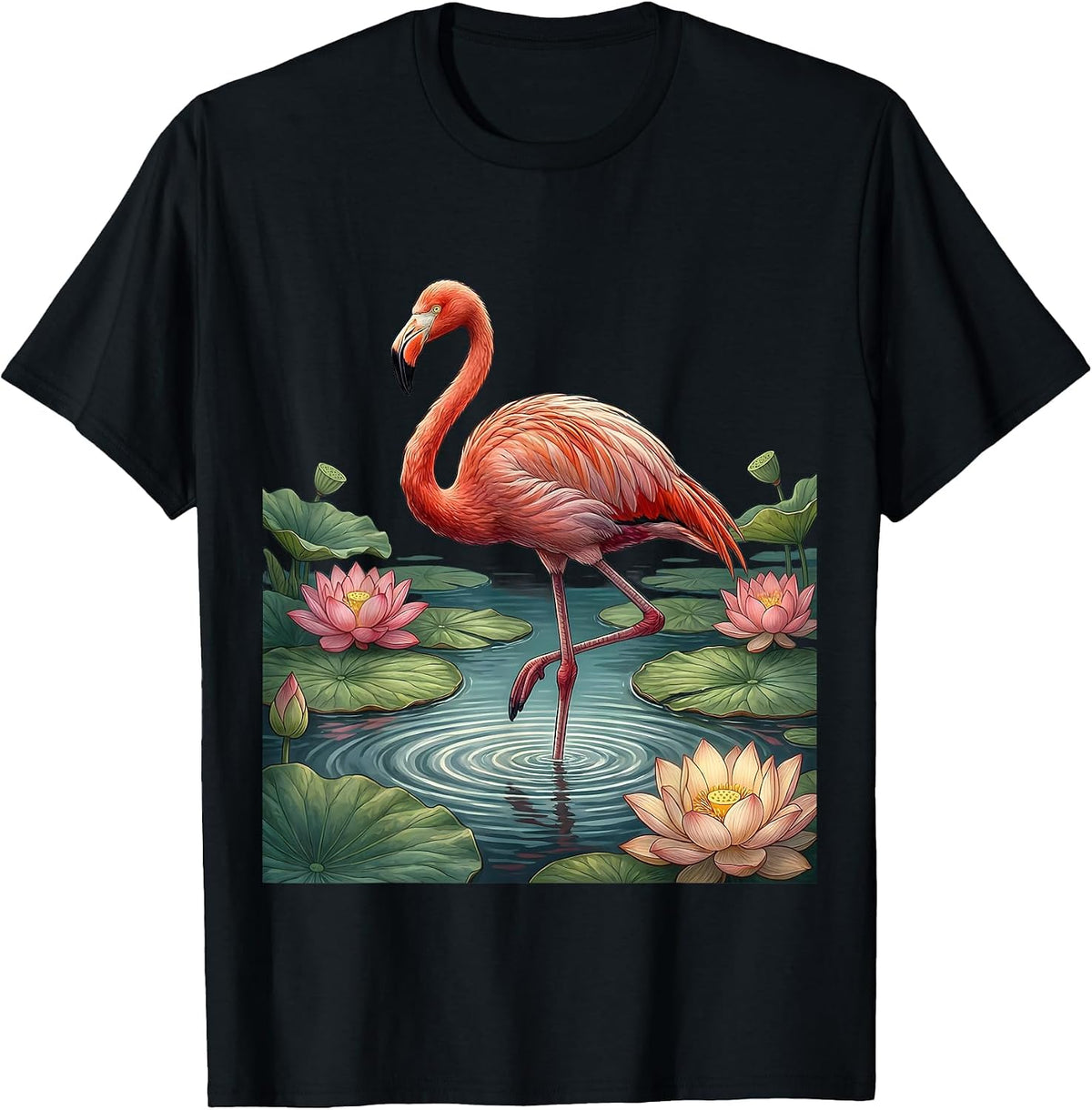 Men's Flamingo in Pink Lily Pond Illustration T-Shirt - Black
