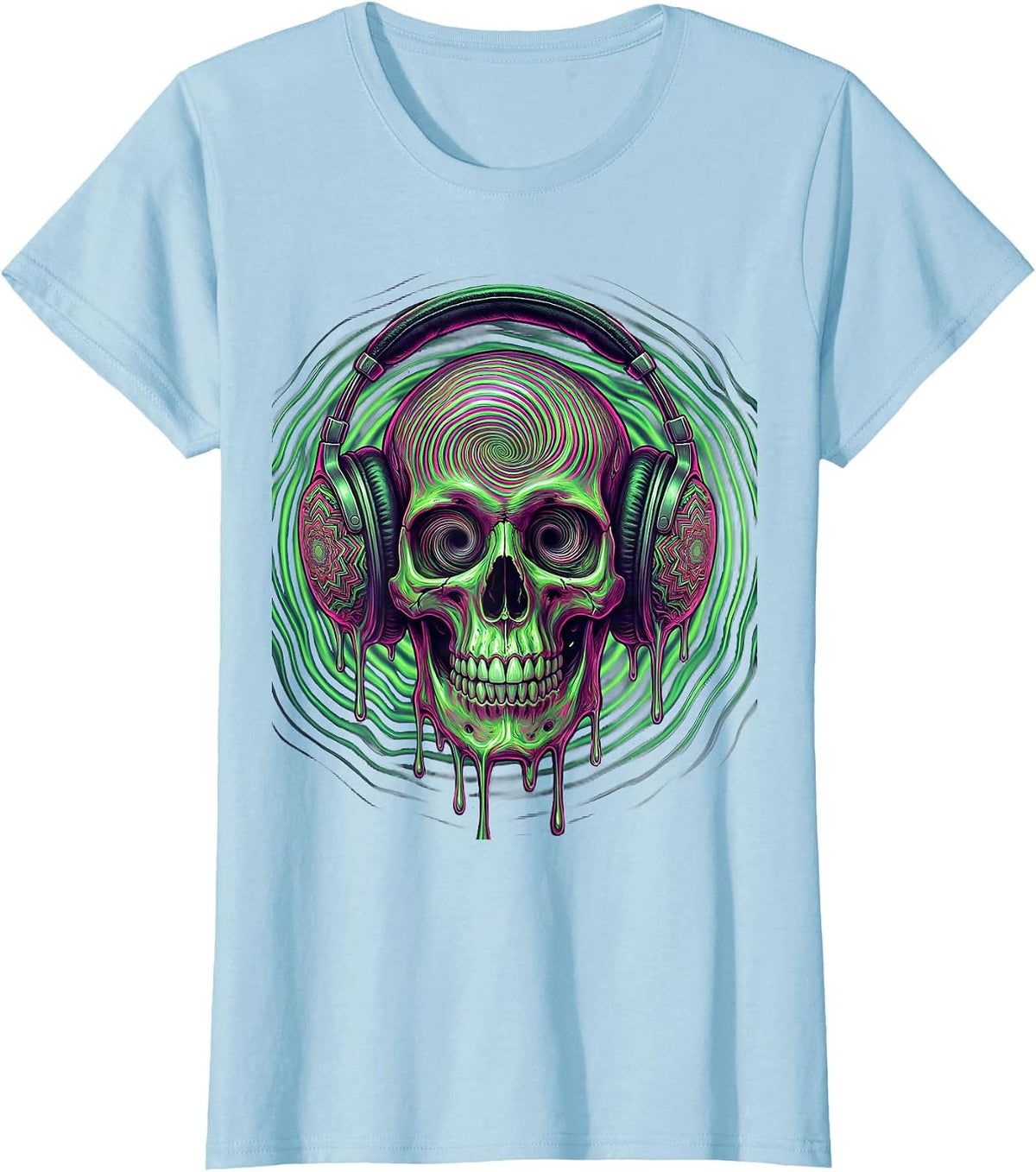 Women's Skull With Oversized Vintage Headphones Graphic T-Shirt - Baby Blue