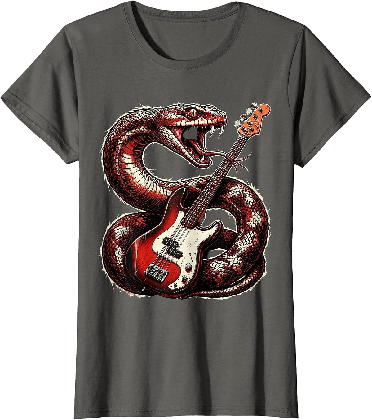 Women's Serpent Coiled Bass Guitar Rock Music Graphic T-Shirt - Asphalt Grey