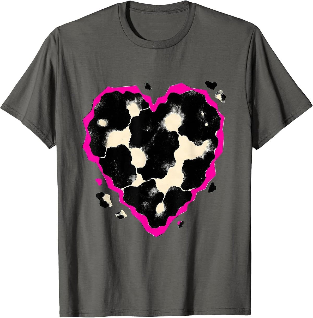 Cow Print Heart Pattern Playful Cow Lover Novelty T-Shirt - Asphalt Grey