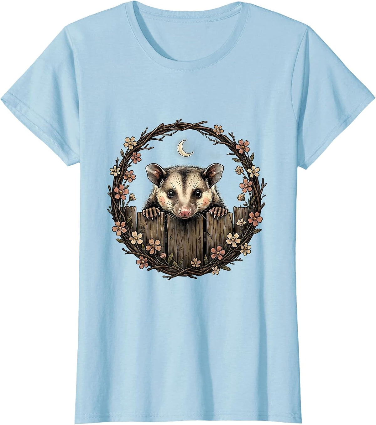 Opossum Peeking Over Fence Funny Wildlife Design T-Shirt - Baby Blue