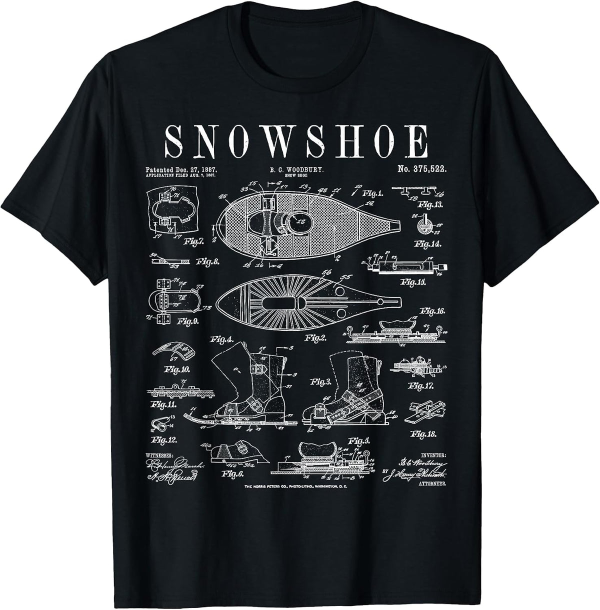 Snowshoe Snowshoeing Winter Hiking Vintage Patent Print T-Shirt - Black