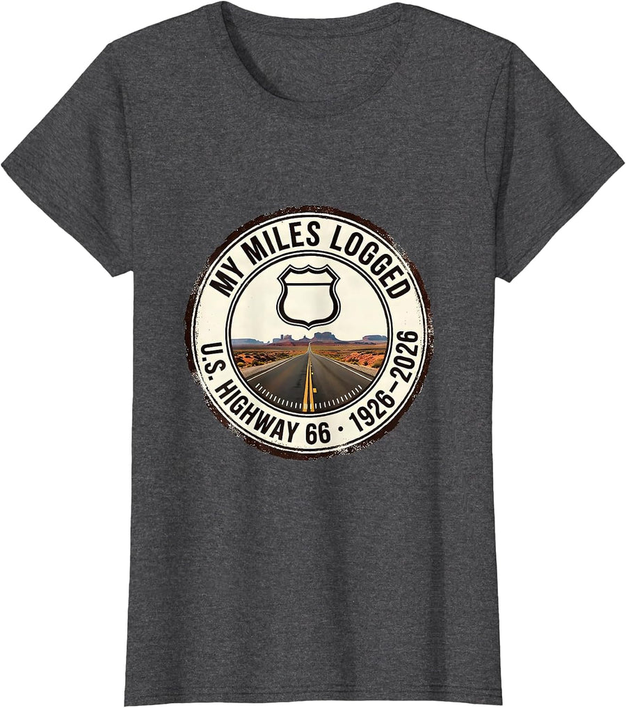 Women's My Miles Logged, U.S. Highway 66, 1926–2026 Vintage T-Shirt - Dark Heather Grey