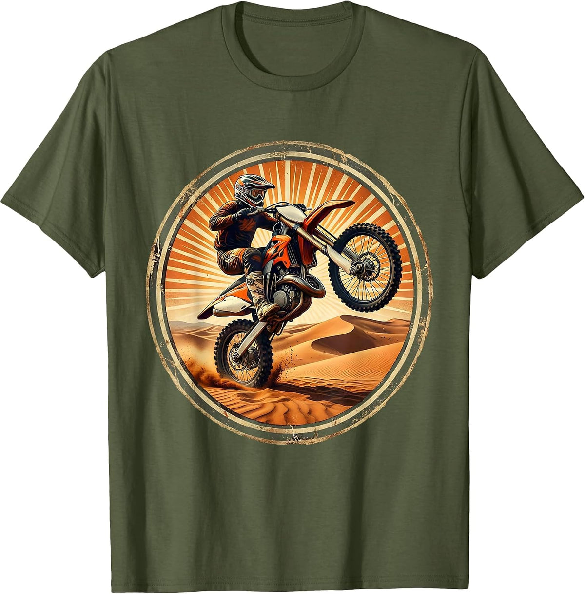 Vintage 1985 Dirt Bike Desert Dune Launch T-Shirt - Olive Green