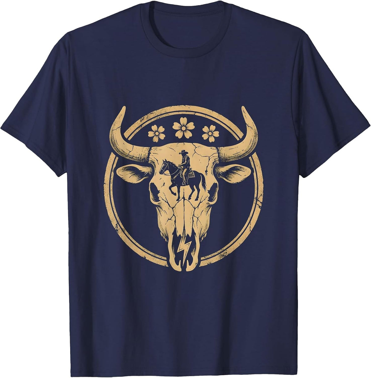 Cowboy Silhouette Riding Into Lightning Storm T-Shirt - Navy Blue